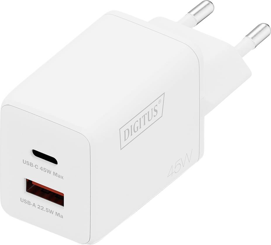Un chargeur mural USB double port blanc avec sortie USB-C 45W et USB-A 22.5W, conçu pour la charge efficace de plusieurs appareils.