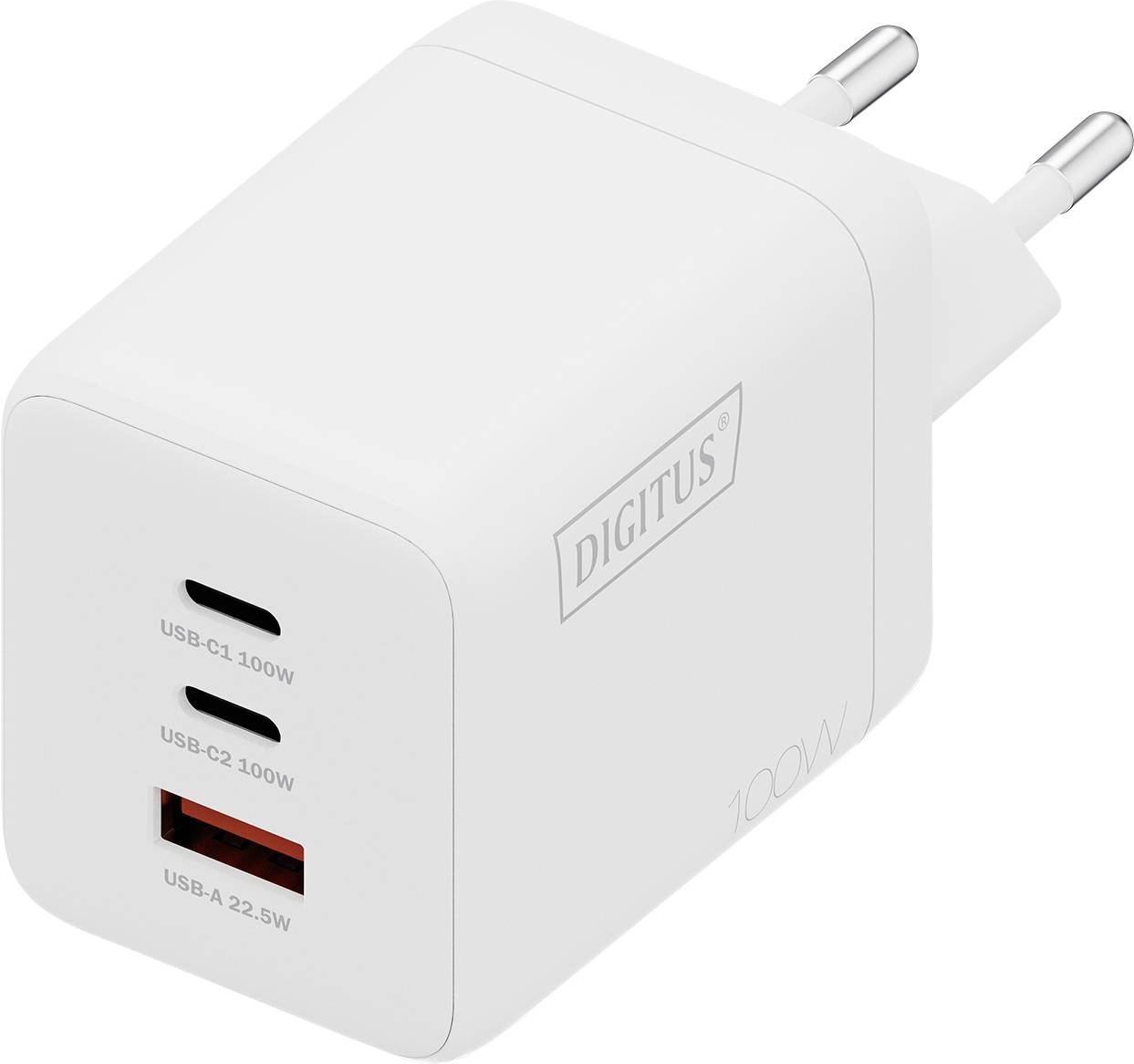 Un chargeur mural blanc avec deux ports USB-C étiquetés « USB-C1 100W », « USB-C2 100W », et un port USB-A étiqueté « USB-A 22,5W », de marque « Digitus ».