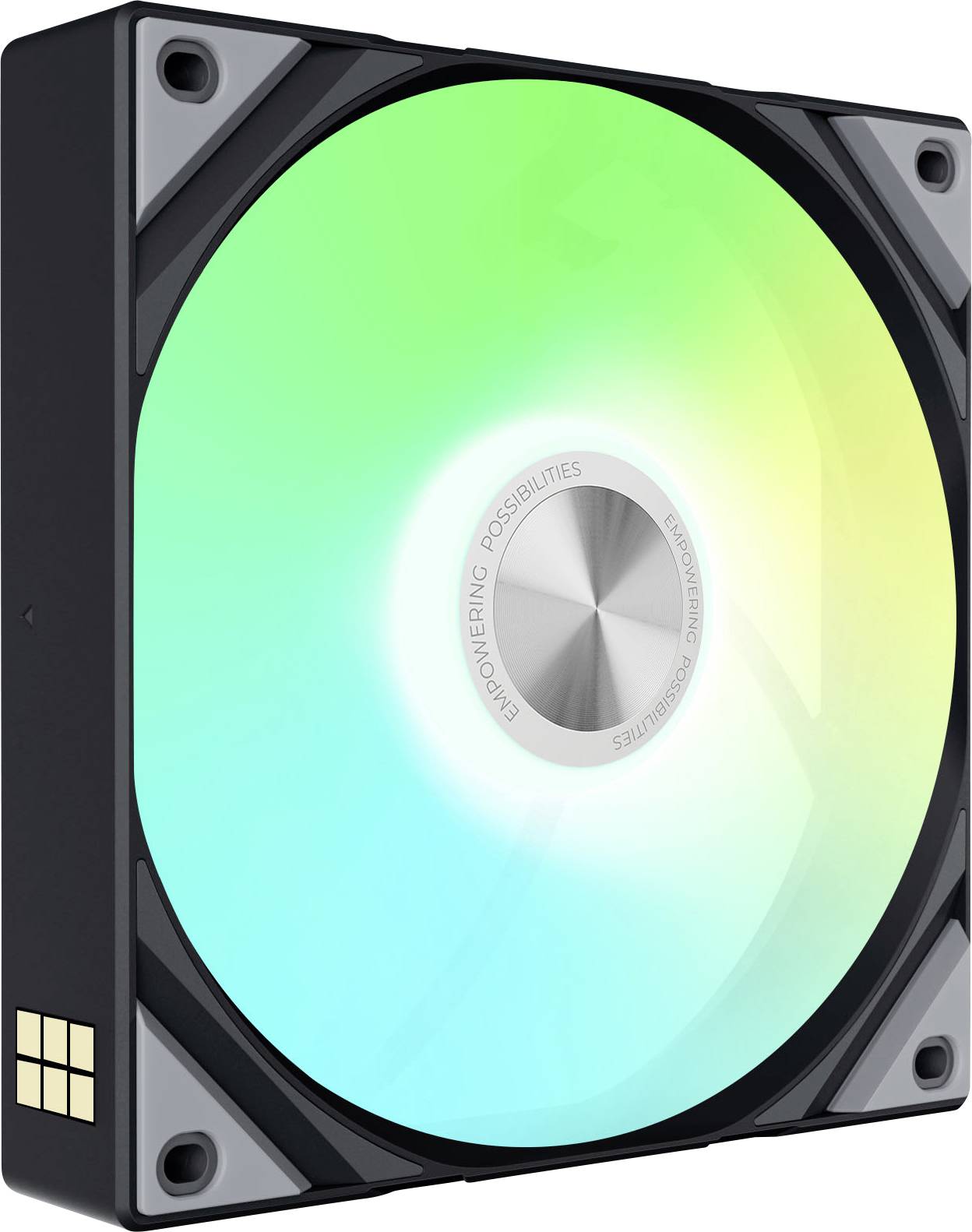 Un ventilateur de refroidissement informatique avec une lumière brillante passant du bleu au vert et au jaune, présentant un disque métallique central avec du texte.