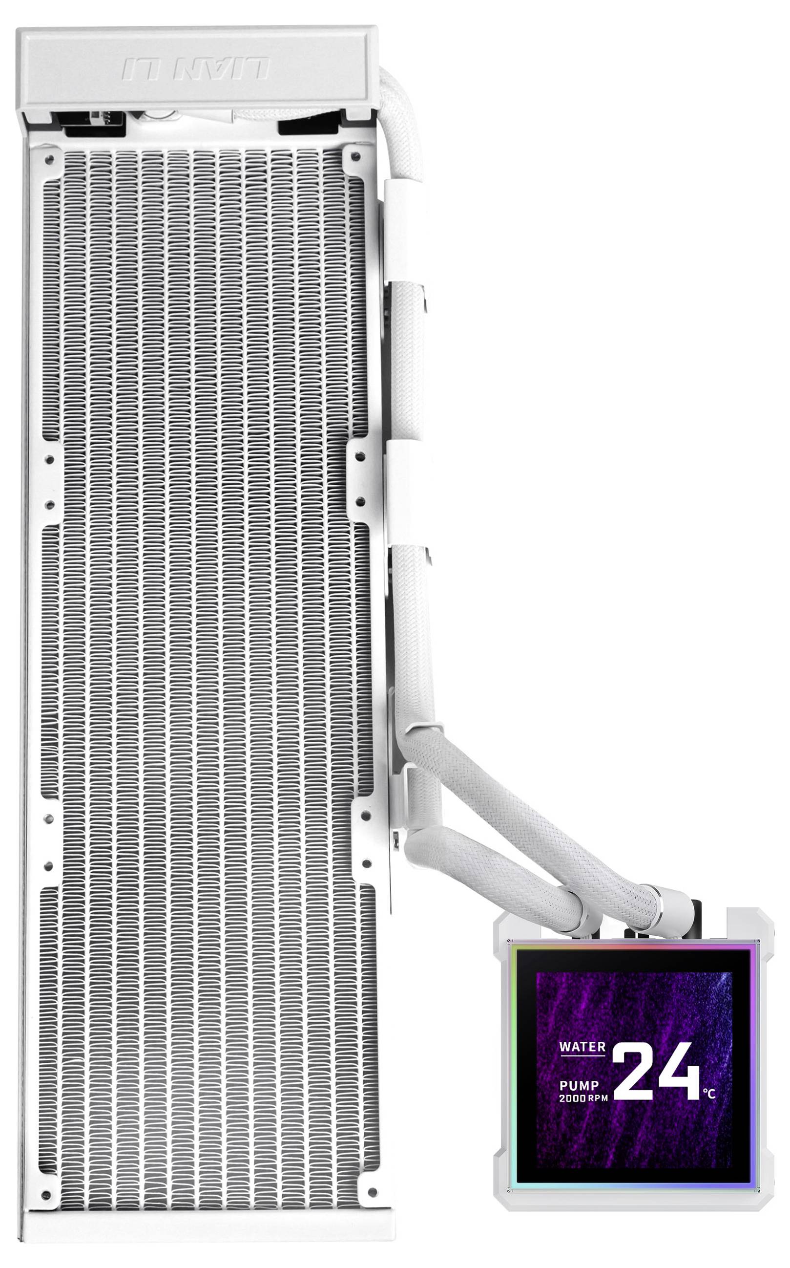 « Un radiateur de refroidissement liquide blanc pour ordinateur avec des tubes attachés et un affichage numérique affichant 'Pompe d'eau 24°C'. »