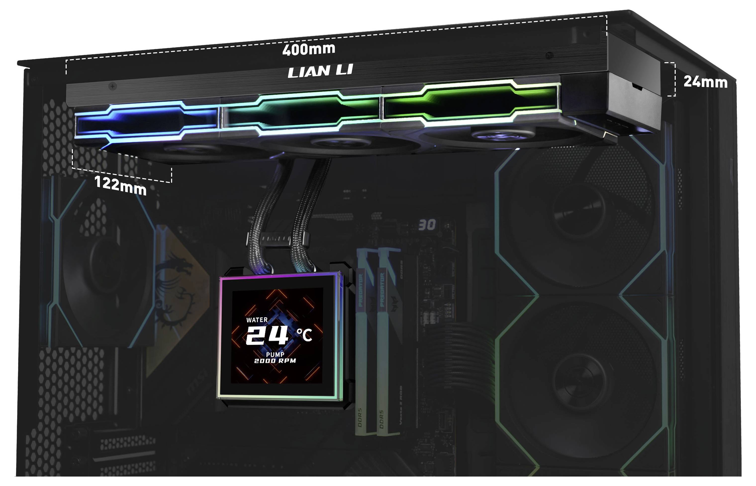 Système de refroidissement 'LIAN LI' avec trois ventilateurs RGB, un affichage de la température de l'eau montrant 24°C, et les mesures : largeur de 400mm, profondeur de 122mm, hauteur de 24mm.