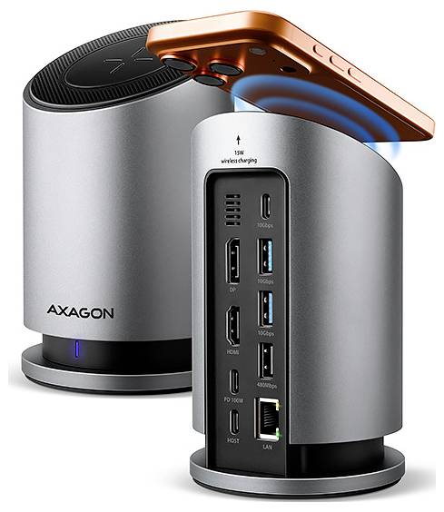 A cylindrical charging hub with multiple USB and network ports, labeled 'AXAGON'. A phone wirelessly charges on top.