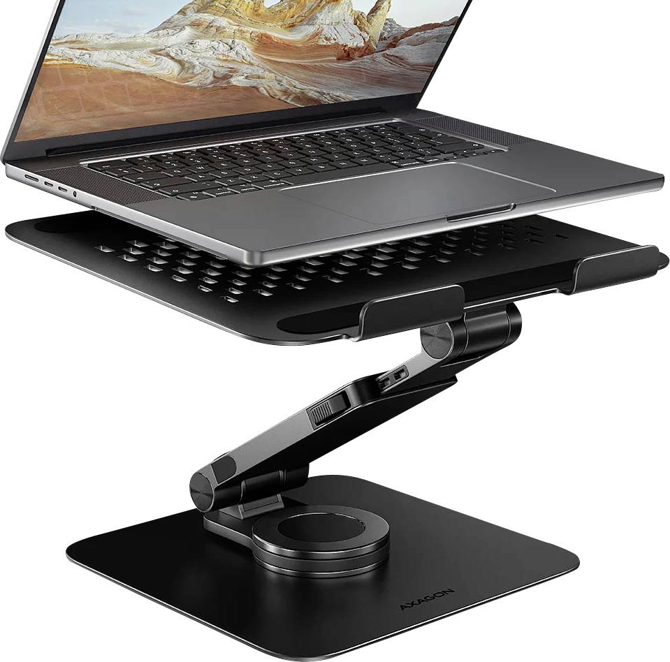 Ordinateur portable surélevé sur un support noir réglable à large base, conçu pour une visualisation ergonomique et une meilleure circulation de l'air.