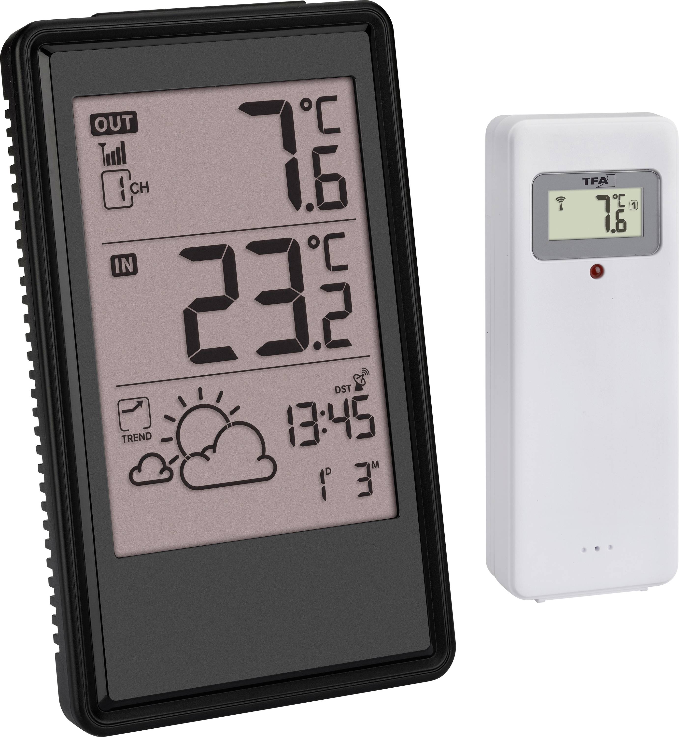 Un affichage de thermomètre numérique indique 7,6 °C à l'extérieur et 23,2 °C à l'intérieur. Une icône indique un temps dégagé avec un symbole de soleil.