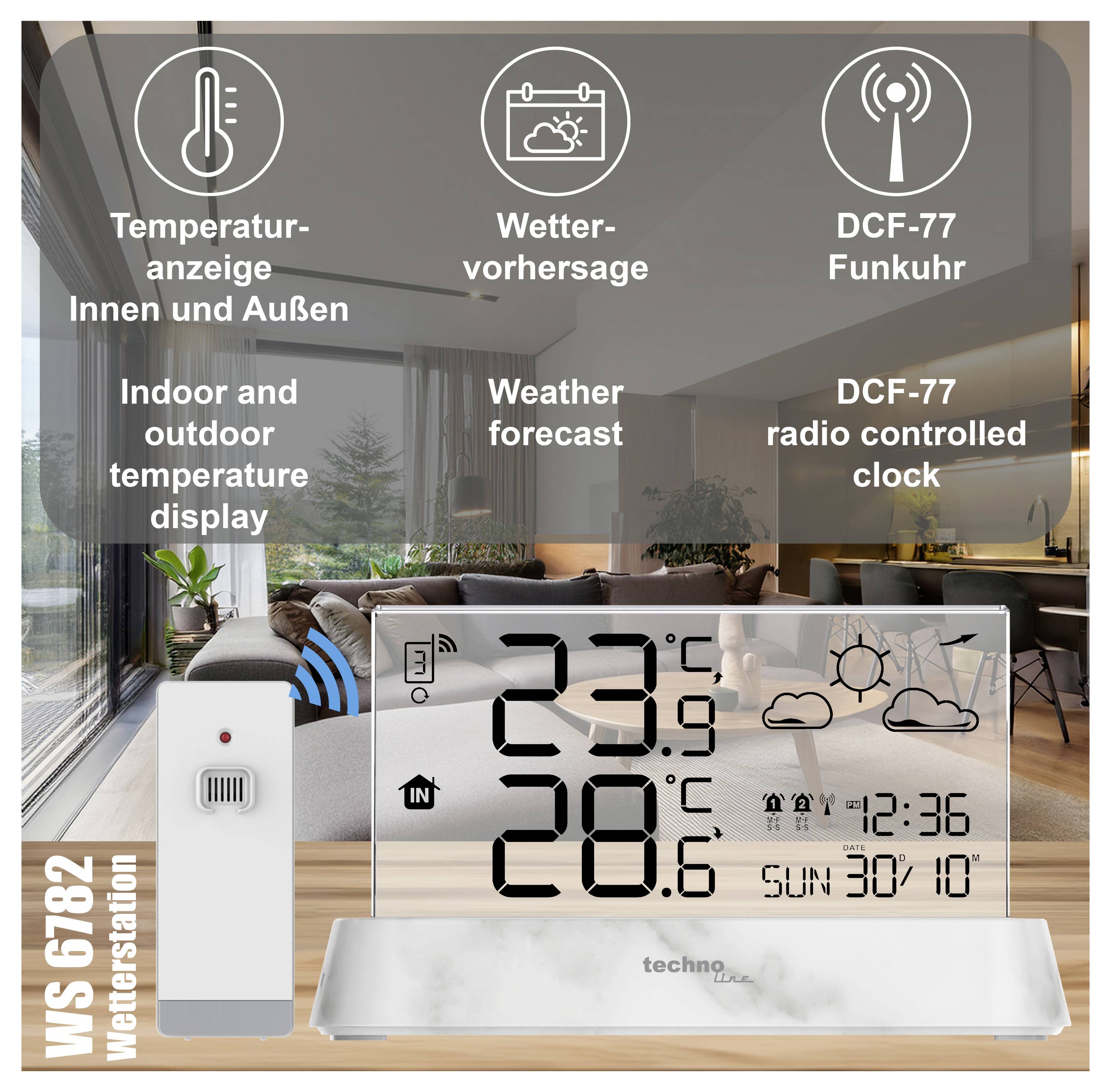 Product image of a wireless weather station showing indoor and outdoor temperature, weather forecast, and DCF-77 radio-controlled clock, with sensor and display unit.