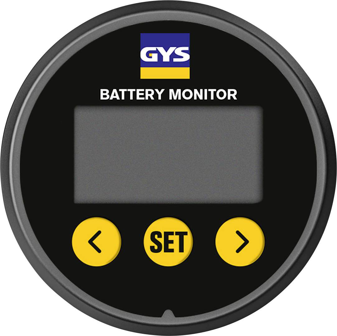 Affichage de moniteur de batterie rond avec logo 'GYS', écran numérique, et trois boutons jaunes étiquetés avec des flèches et 'SET'.