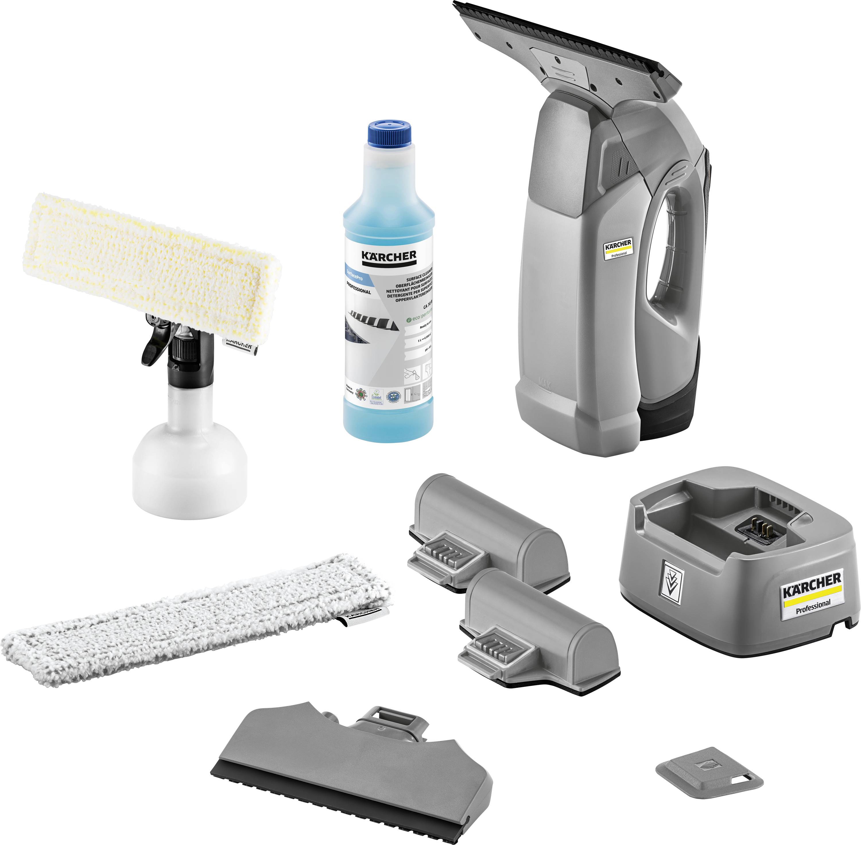 Ensemble de nettoyage de vitres comprenant un aspirateur portatif, un flacon pulvérisateur avec tampon en microfibre, une solution de nettoyage, un chargeur et des accessoires.