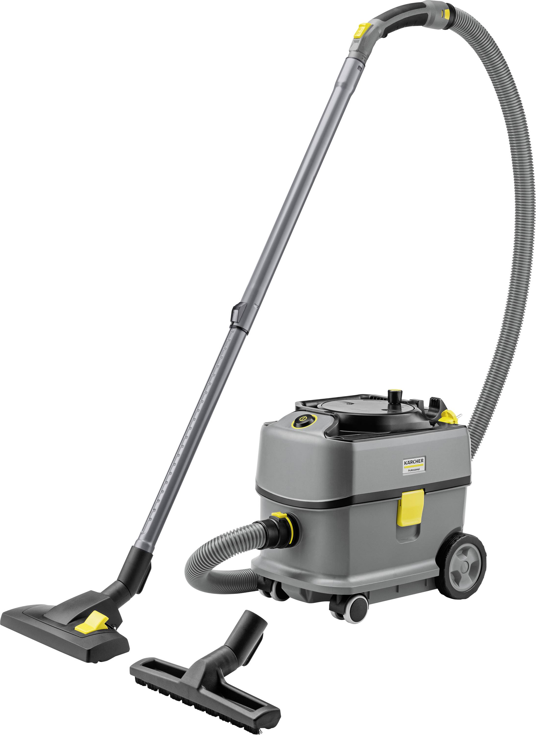 Un aspirateur bidon avec un long tuyau, des accents jaunes et de multiples accessoires, conçu pour un nettoyage efficace.