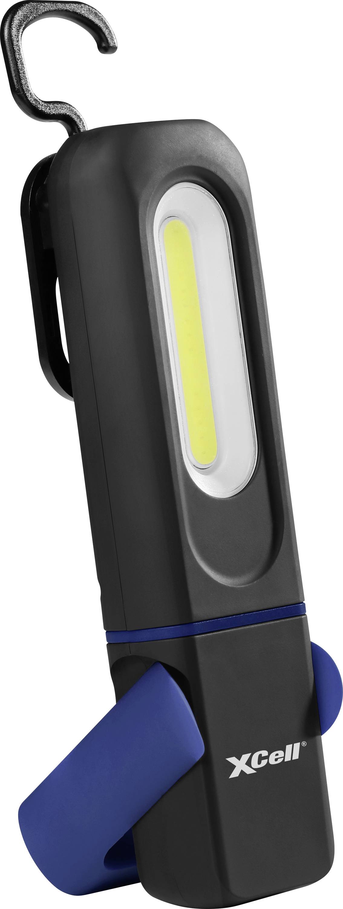 Lampe de travail LED portable avec un crochet et un support, marquée « XCell », conçue pour une utilisation sans les mains dans différents environnements de travail.