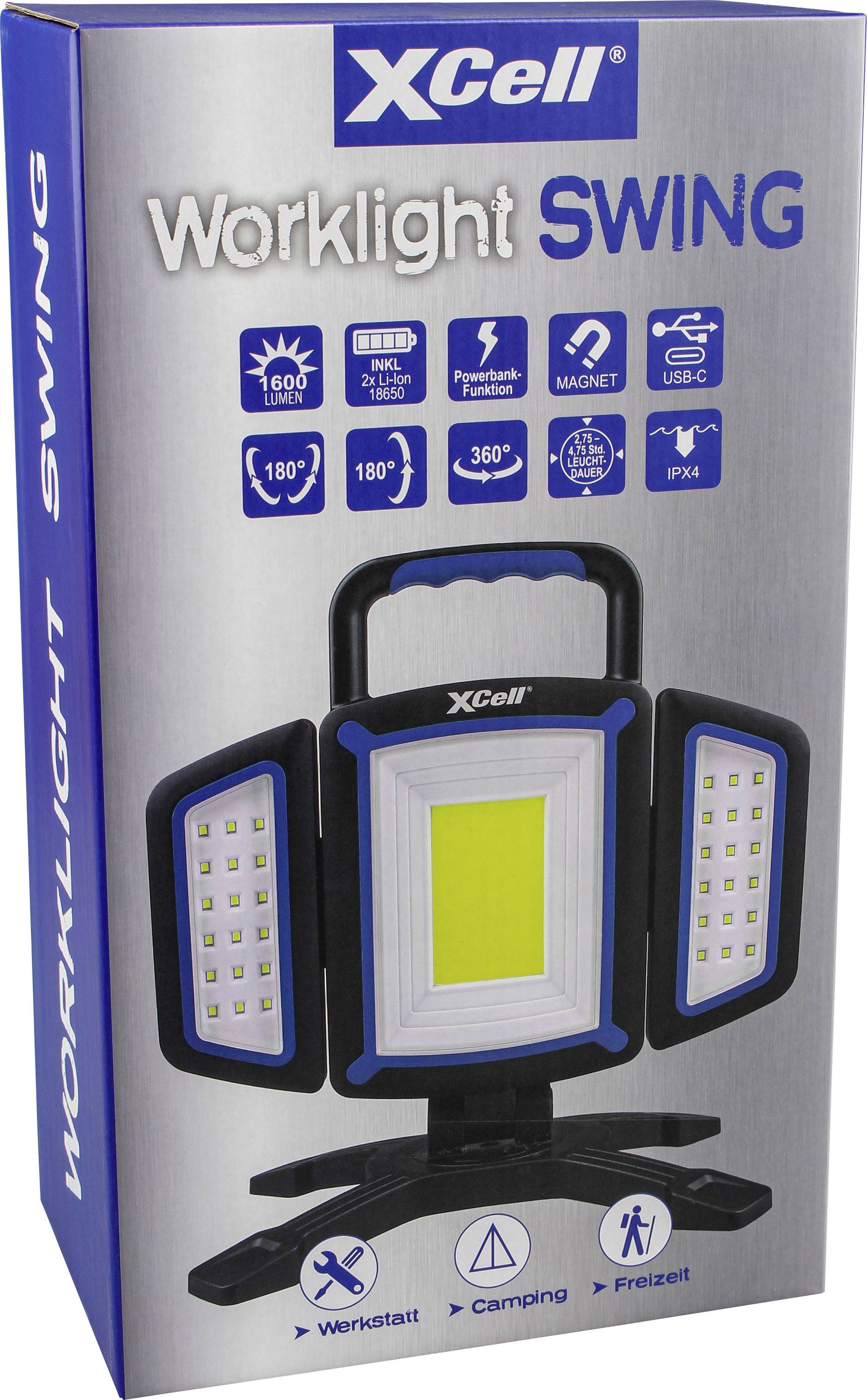 Emballage « XCell Worklight SWING » montrant une lampe polyvalente pour atelier et camping avec plusieurs panneaux LED, des angles ajustables et USB-C.