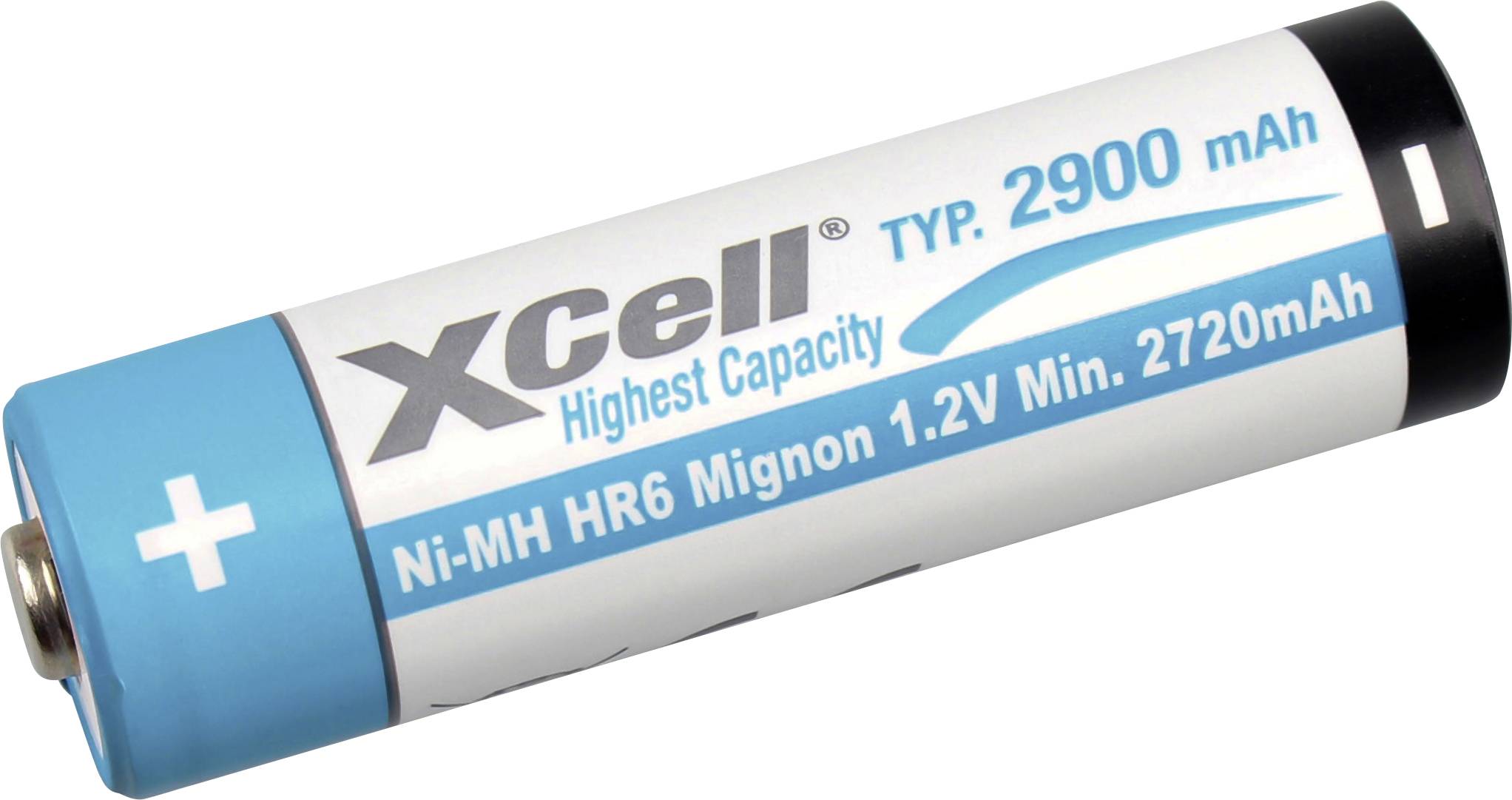 Une batterie cylindrique XCell étiquetée « Capacité maximale », « Typ. 2900 mAh », « Ni-MH HR6 Mignon 1.2V Min. 2720mAh », présentant une borne positive.
