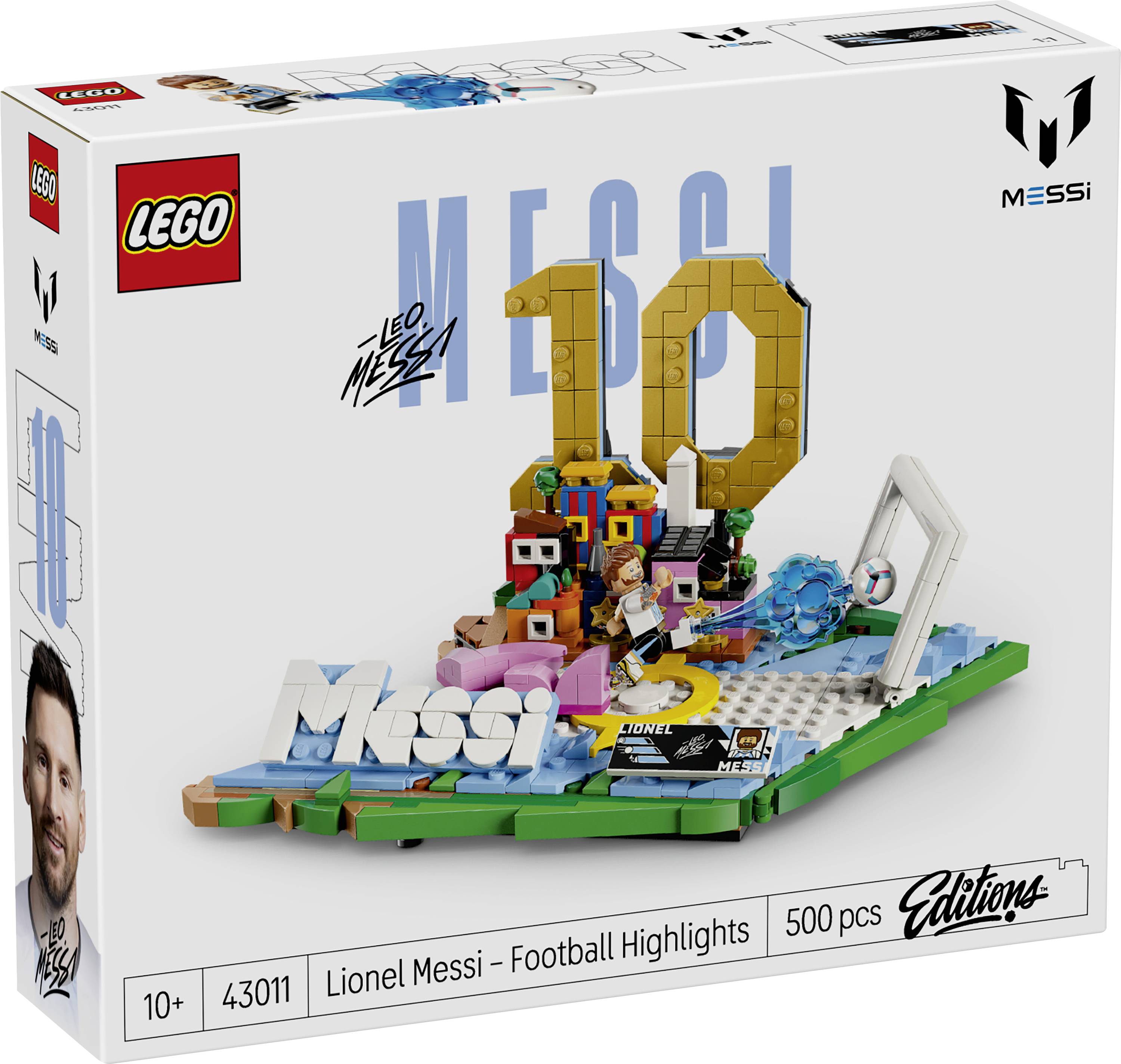 Boîte du set LEGO Messi Football Highlights, 500 pièces, montrant un diorama à thème Lionel Messi avec un '10' or et une illustration de la figurine Messi.