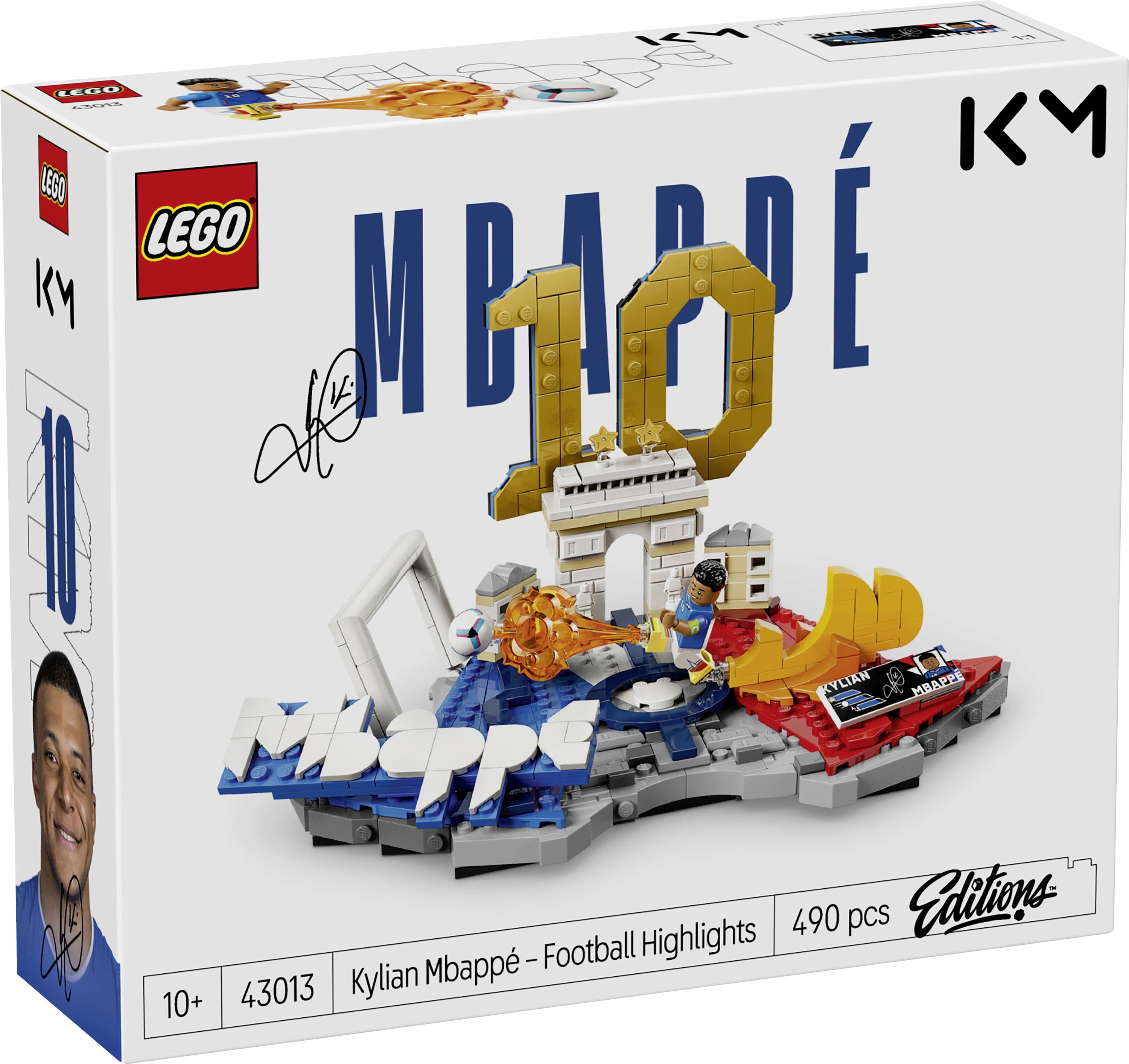 La boîte LEGO Icons pour « Kylian Mbappé - Temps forts du football » montre Mbappé, un « 10 » doré, et une construction sur le thème du football ; 490 pièces, à partir de 10 ans.