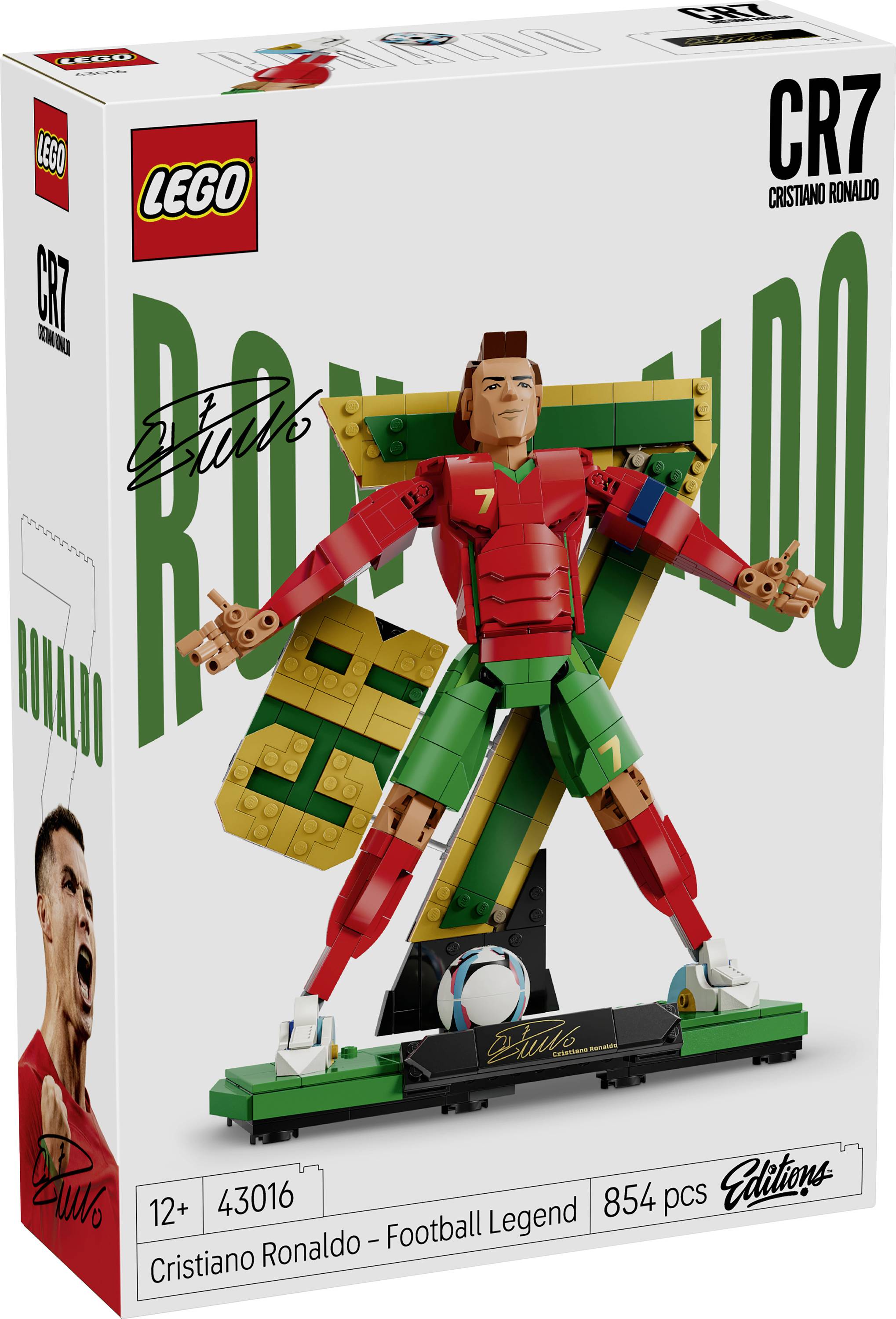 Boîte de l'ensemble LEGO Icons Cristiano Ronaldo Football Legend, montrant une pose de Ronaldo en briques avec « CR7 » et « 43016 », 854 pièces.