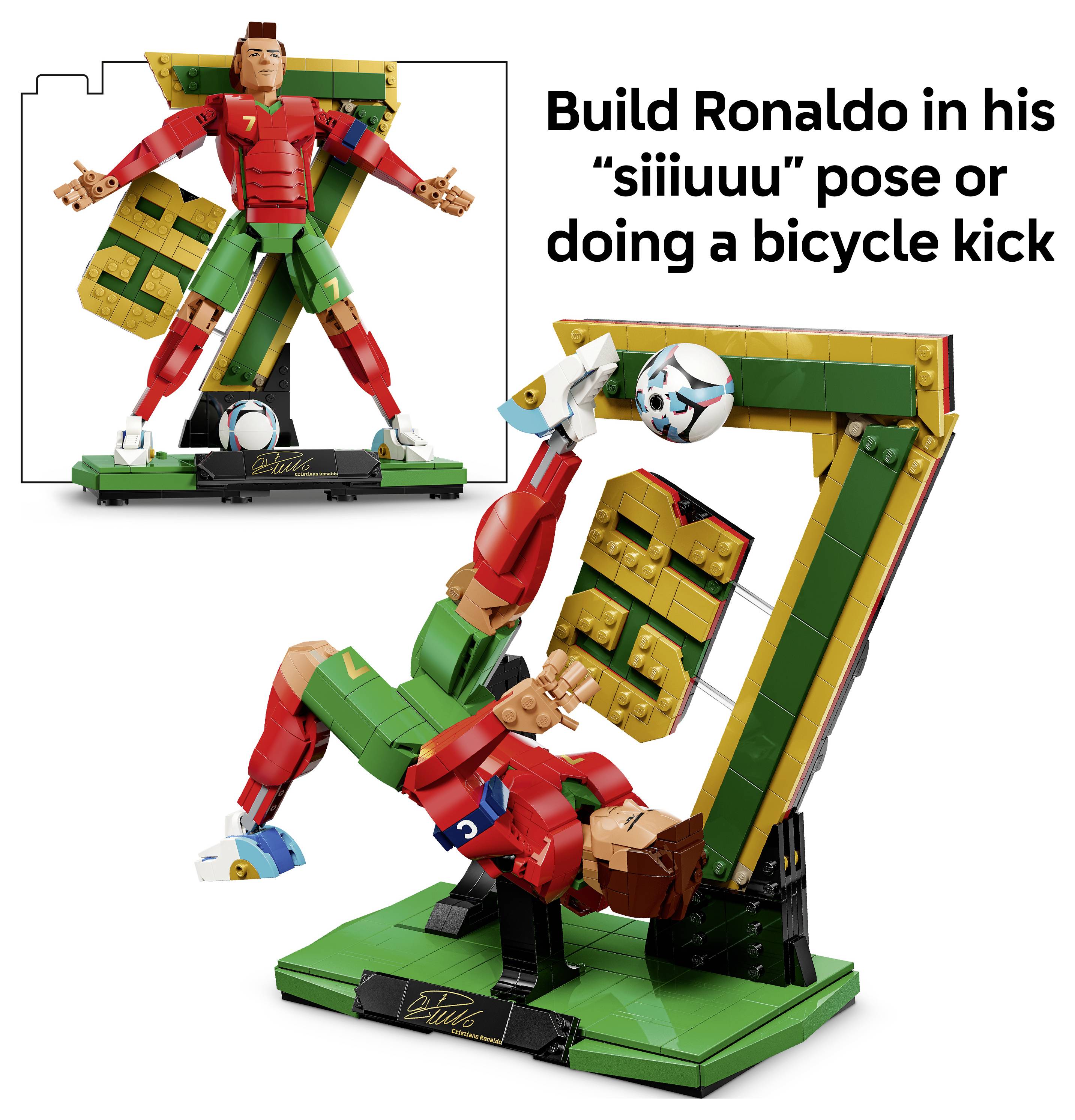 Image promotionnelle montrant une figurine LEGO de Cristiano Ronaldo en style LEGO et un affichage de bicyclette acrobatique, avec le texte: 'Construisez Ronaldo dans sa pose 