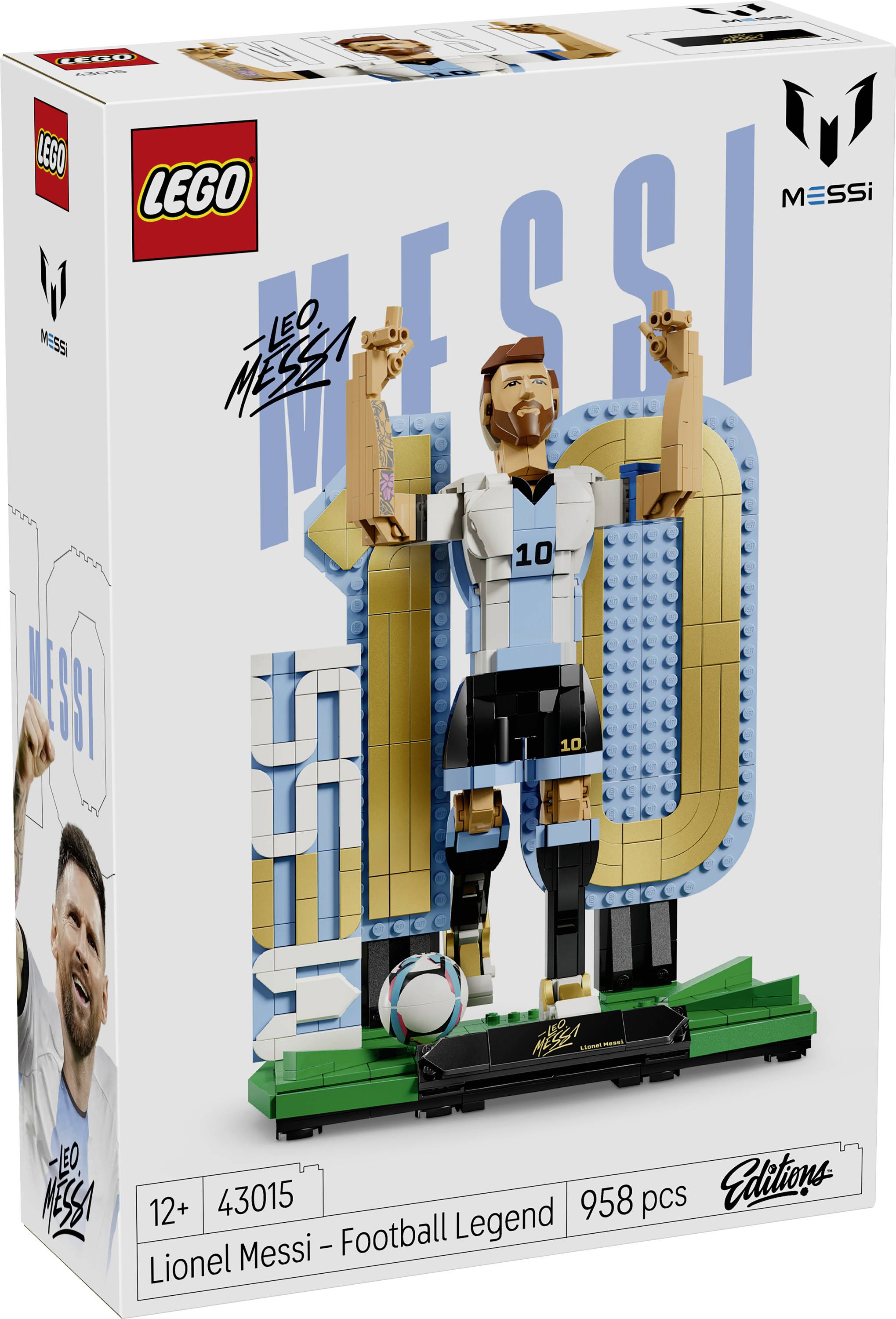 Boîte LEGO Icons pour l'ensemble « Lionel Messi - Football Legend » 43015, montrant une figurine Lionel Messi constructible aux couleurs de l'Argentine avec un ballon de football et 958 pièces.