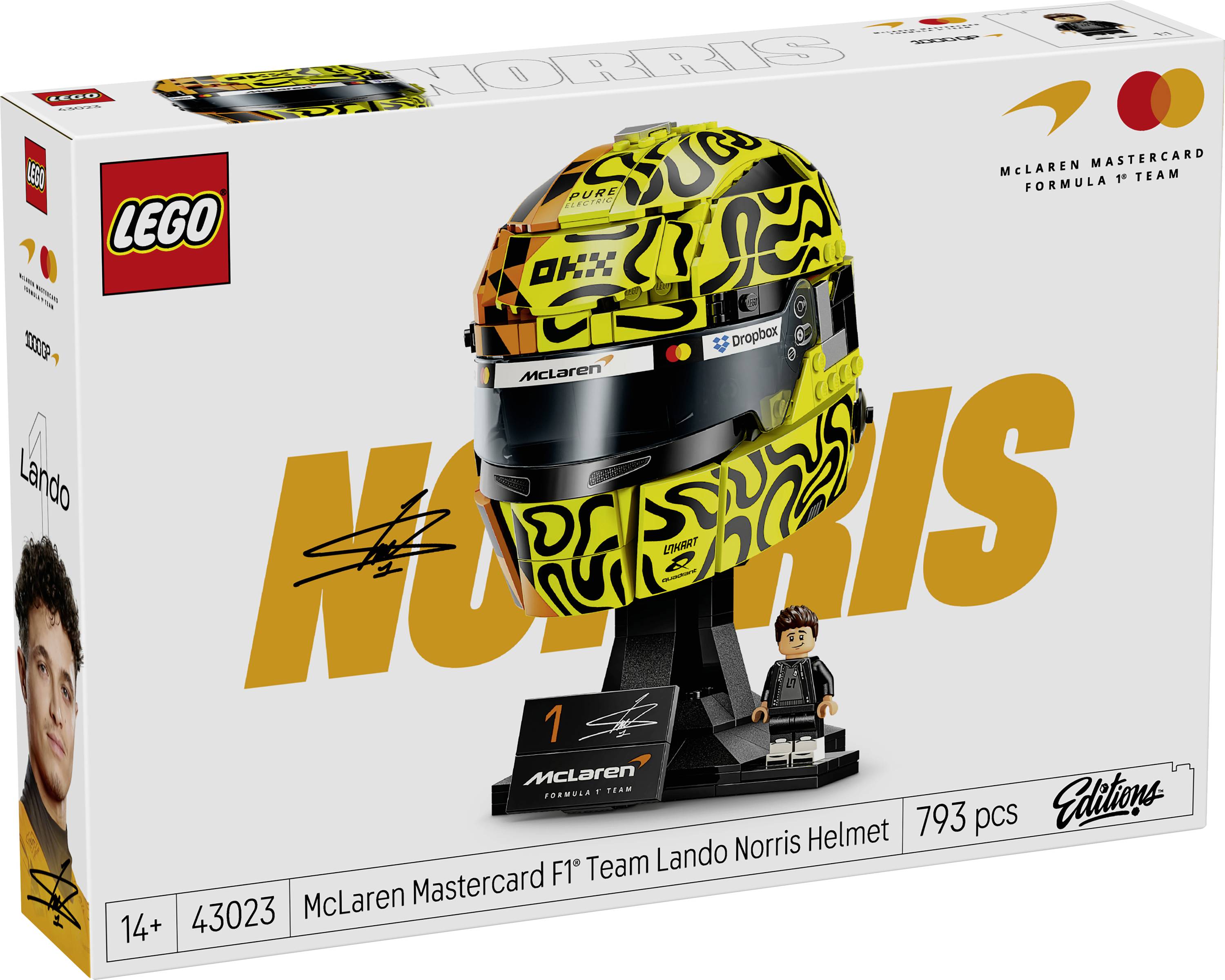 Boîte d'ensemble de casque LEGO McLaren Formule 1 Team Lando Norris avec affichage de casque jaune et noir et minifigurine, 793 pièces, à partir de 14 ans