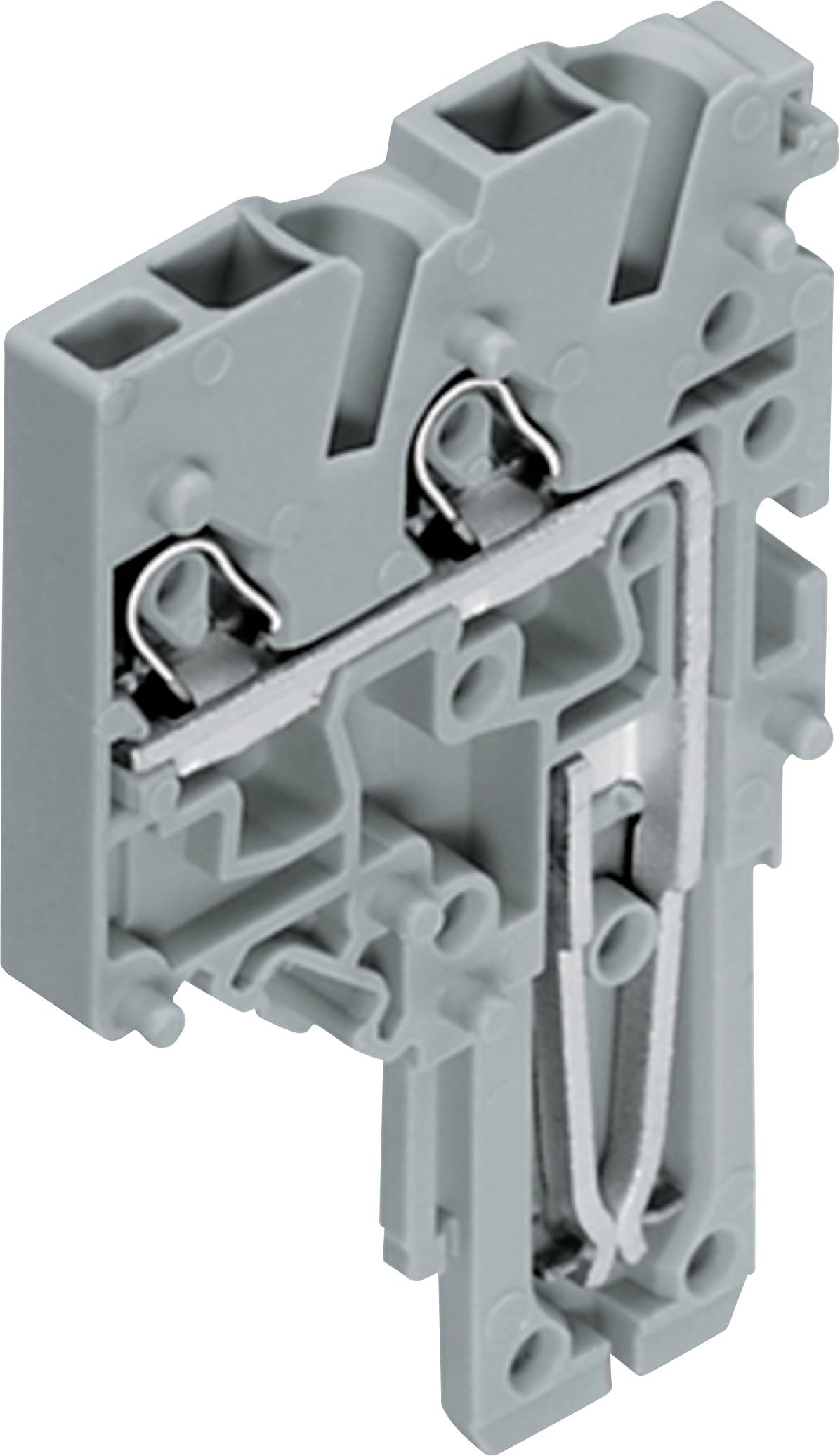 Un bloc de bornes modulaire gris avec deux points de connexion et des chemins de contact métalliques, utilisé dans les systèmes de panneaux électriques pour les connexions de câblage.