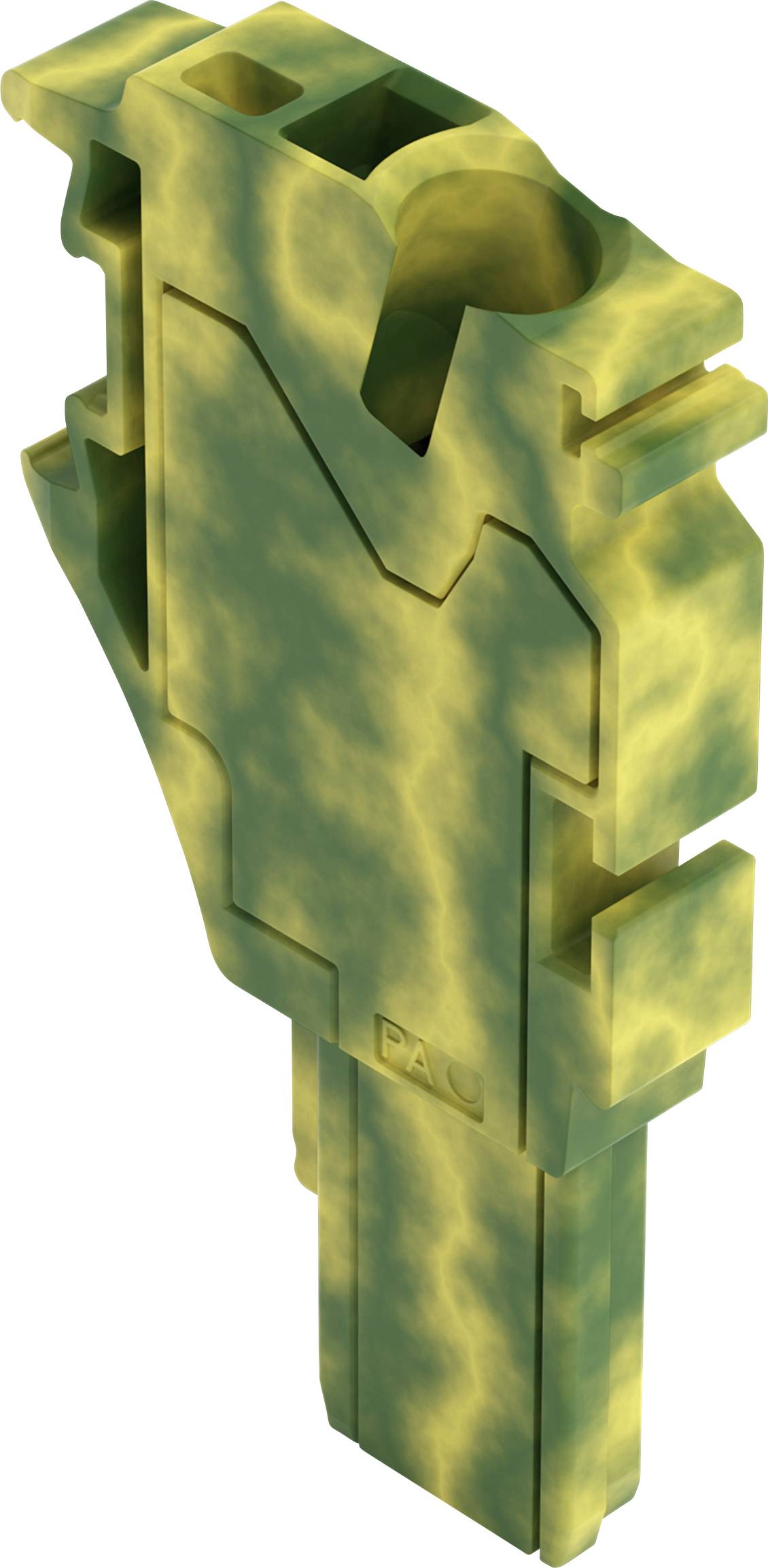 Un composant en plastique de couleur jaune et verte à motif de camouflage, présentant des rainures et des encoches, probablement utilisé dans des assemblages mécaniques ou électroniques.