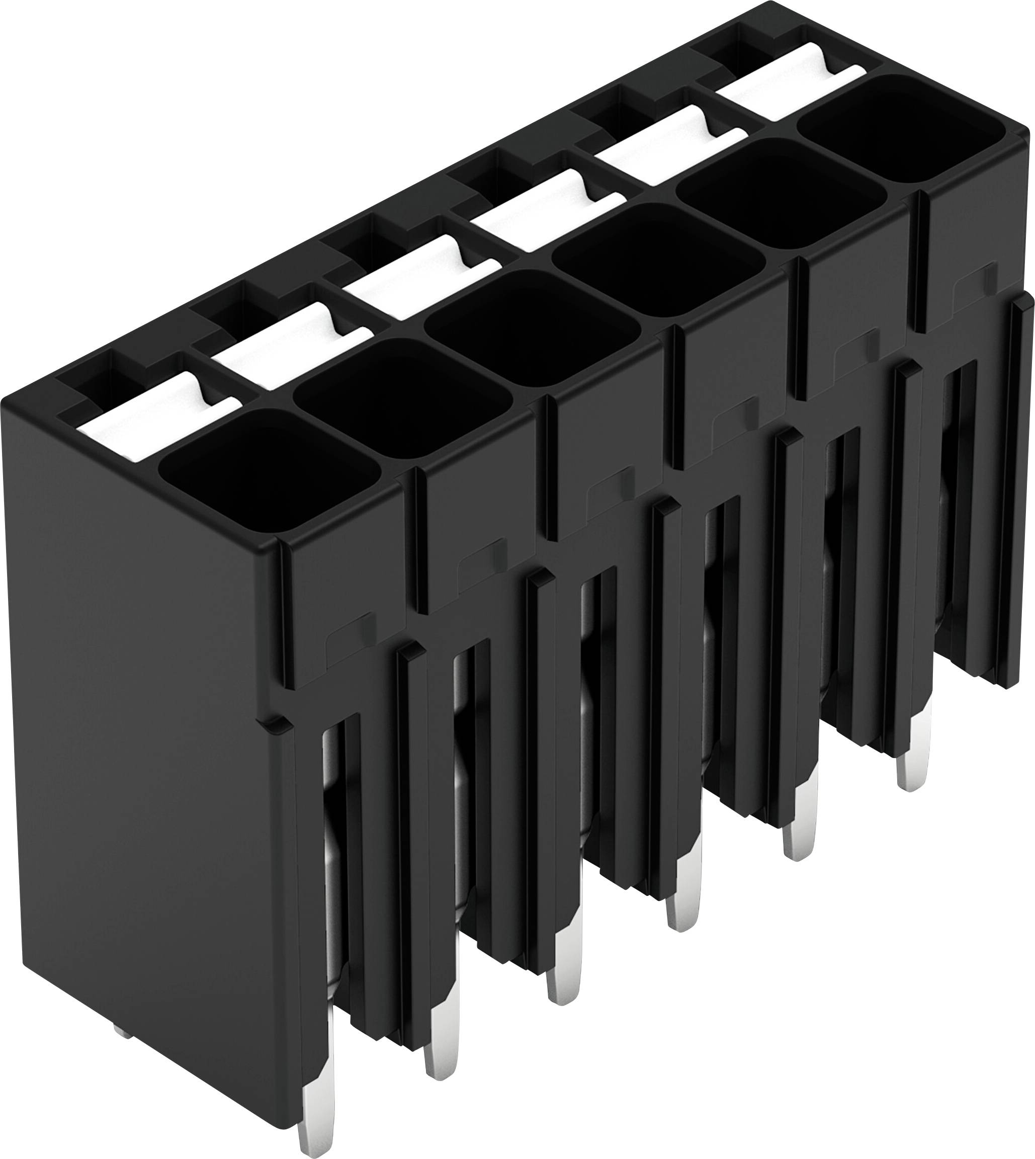 Un connecteur électronique en plastique noir avec six fentes rectangulaires et des broches métalliques, couramment utilisé pour se brancher sur une carte de circuit imprimé.