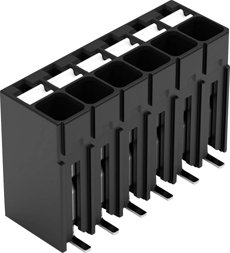 Un boîtier de connecteur électrique noir à six emplacements avec des fentes de broches verticales, utilisé pour sécuriser les connexions de câbles dans les appareils électroniques.