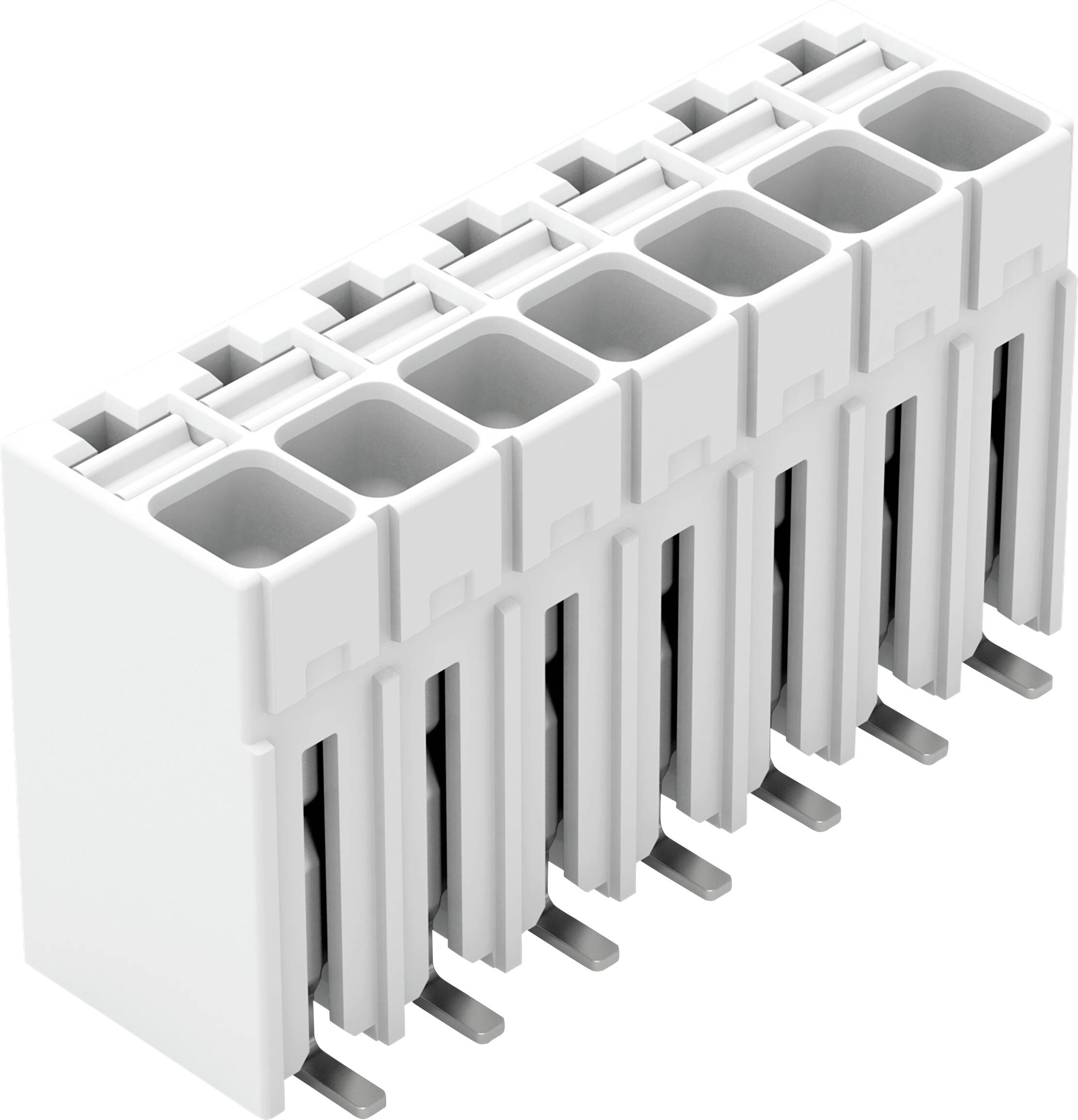'Un connecteur électrique blanc à 8 broches avec un alignement vertical et un design à embases pour l'assemblage de carte de circuit et les connexions électroniques.'