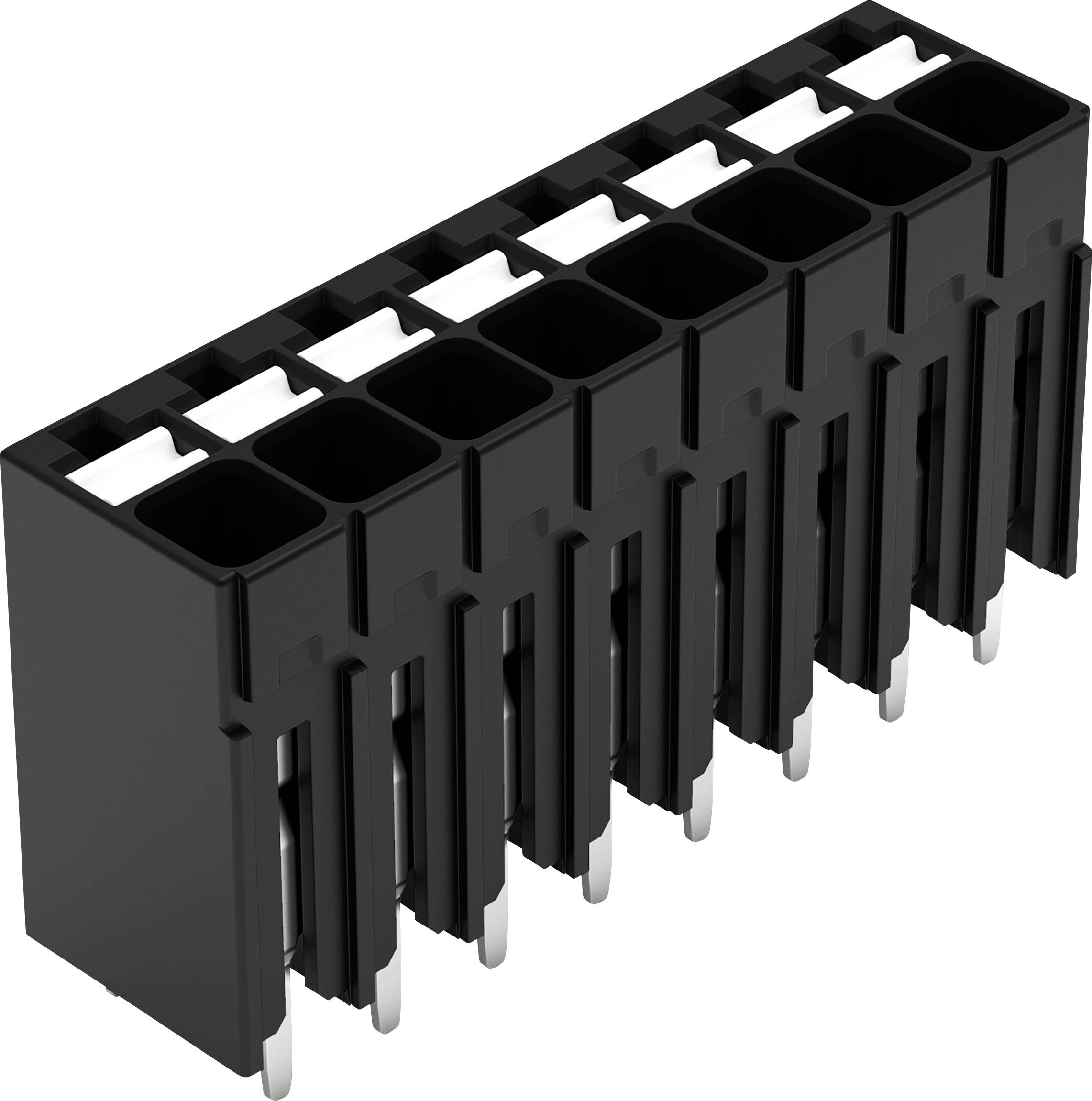 Connecteur à dix positions avec boîtier noir et broches argentées pour cartes de circuits électroniques.