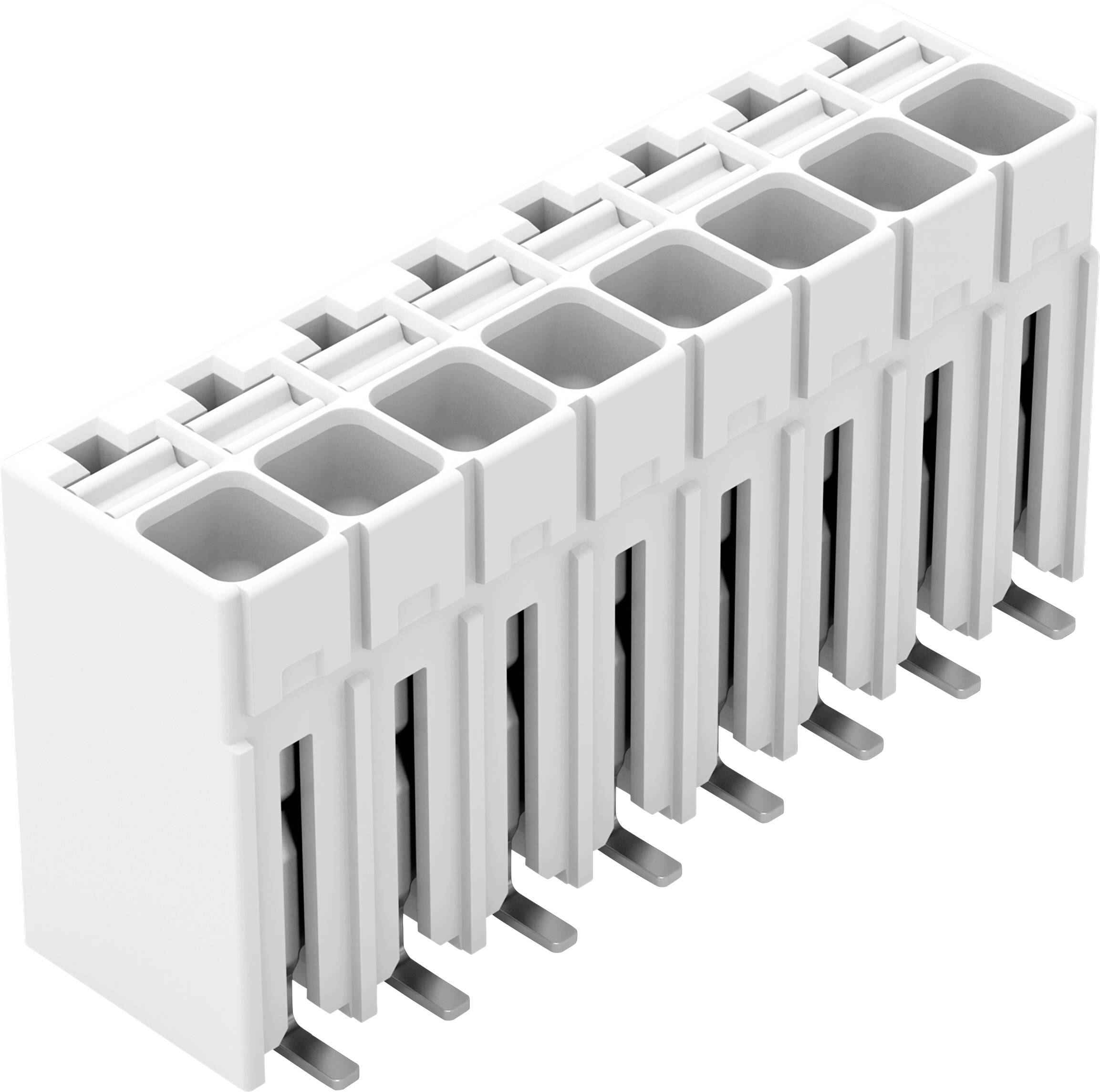 Un bloc de bornes multiports rectangulaire blanc avec neuf emplacements de connecteurs, conçu pour les connexions électriques, présenté sous un angle.