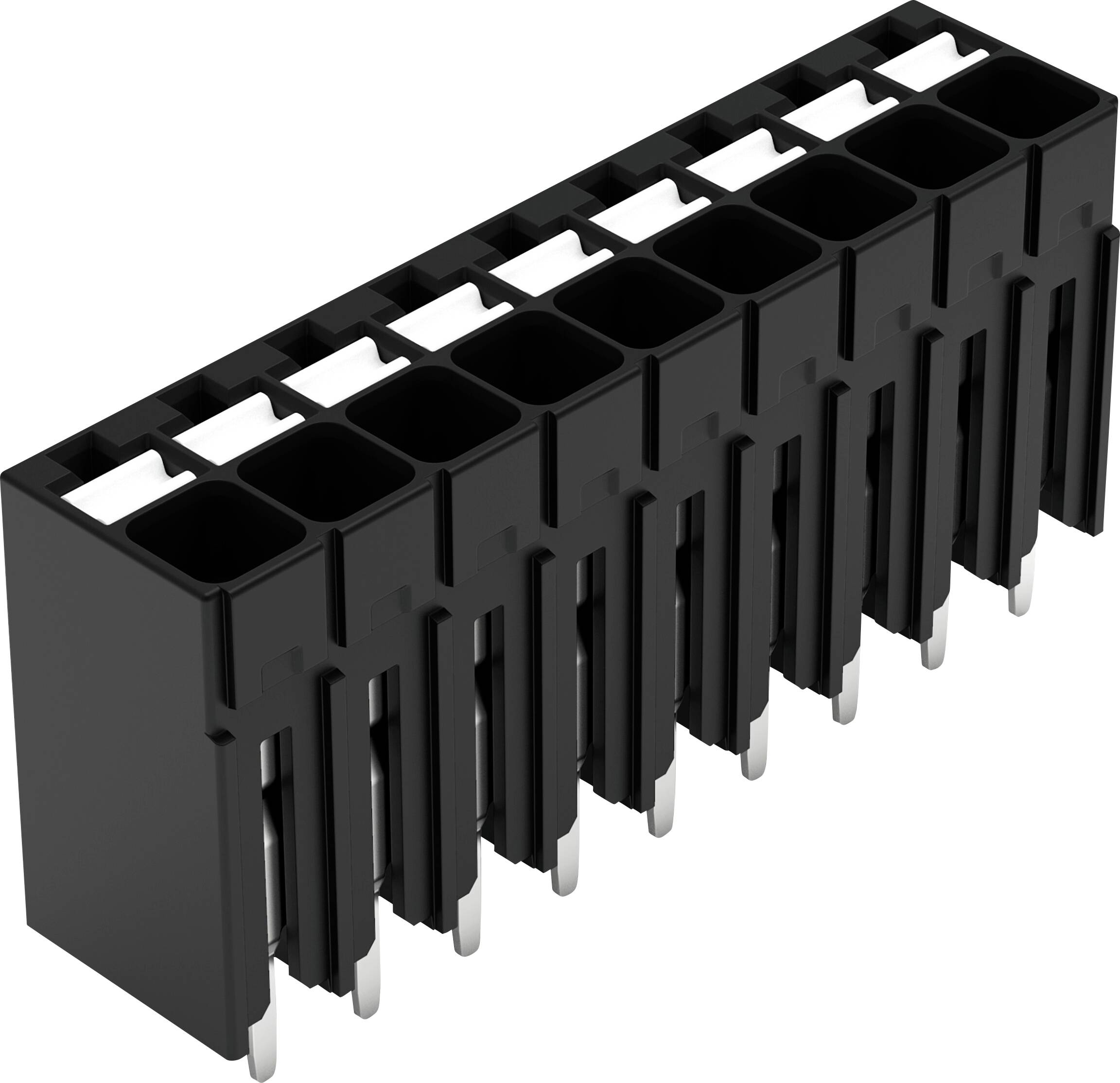 « Connecteur électrique noir à deux rangées avec huit broches argentées pour fixation sur carte de circuit. »