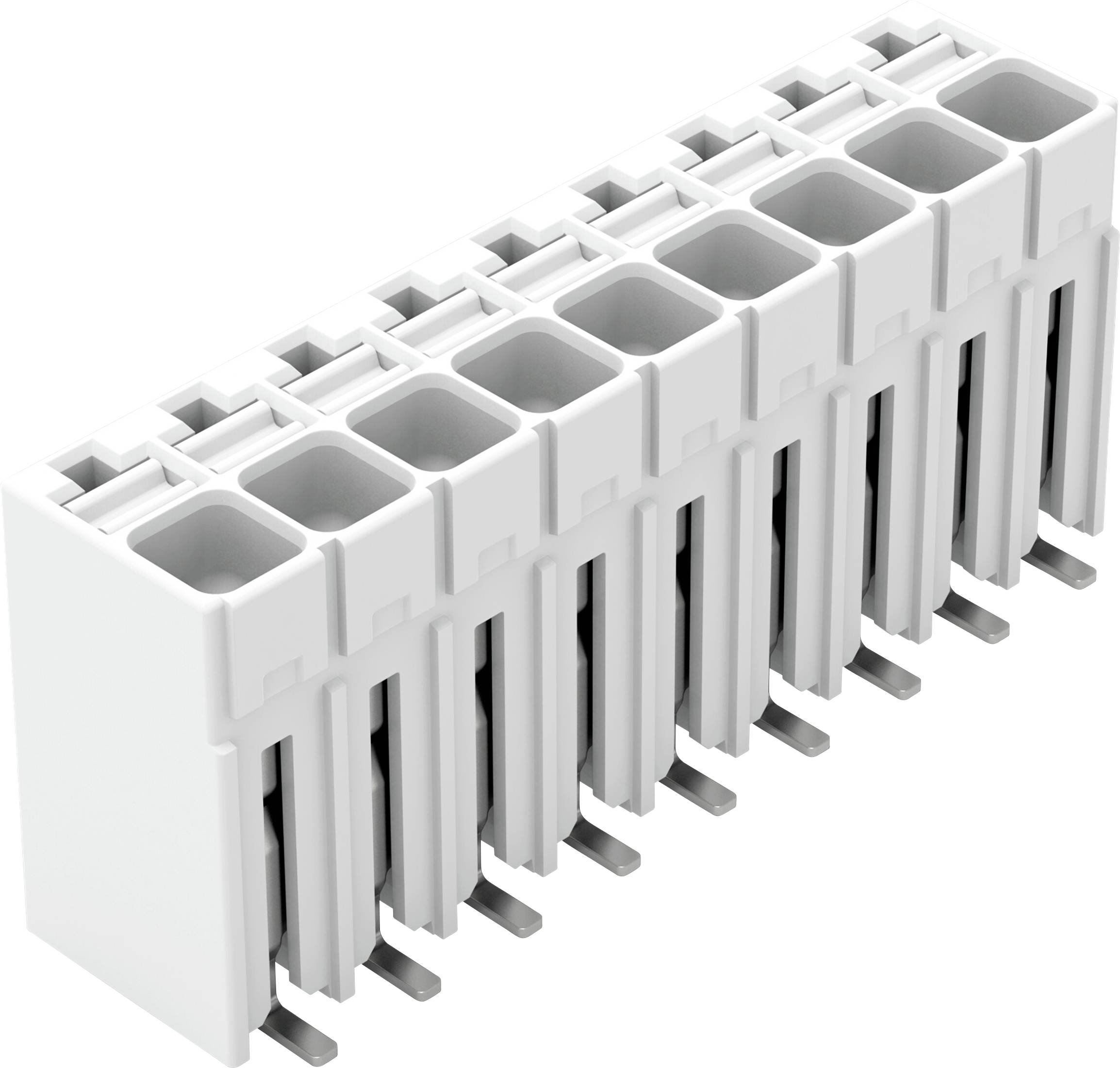 Un connecteur électronique blanc avec dix broches verticales disposées en deux rangées, utilisé pour les connexions électriques dans divers appareils.