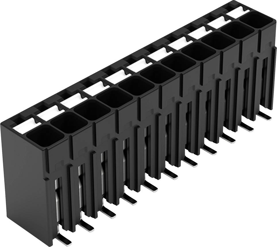 Un connecteur électrique noir multi-broches avec une grille d'emplacements carrés, conçu pour les applications de cartes de circuits imprimés, vu sous une perspective angulée.