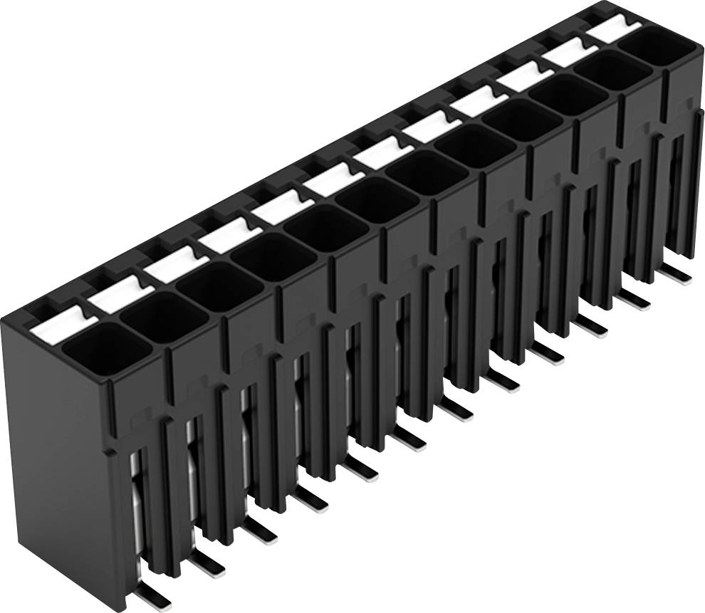 Un connecteur d'en-tête rectangulaire noir avec 14 broches arrangées en deux rangées, généralement utilisé pour les connexions de circuits imprimés dans les appareils électroniques.