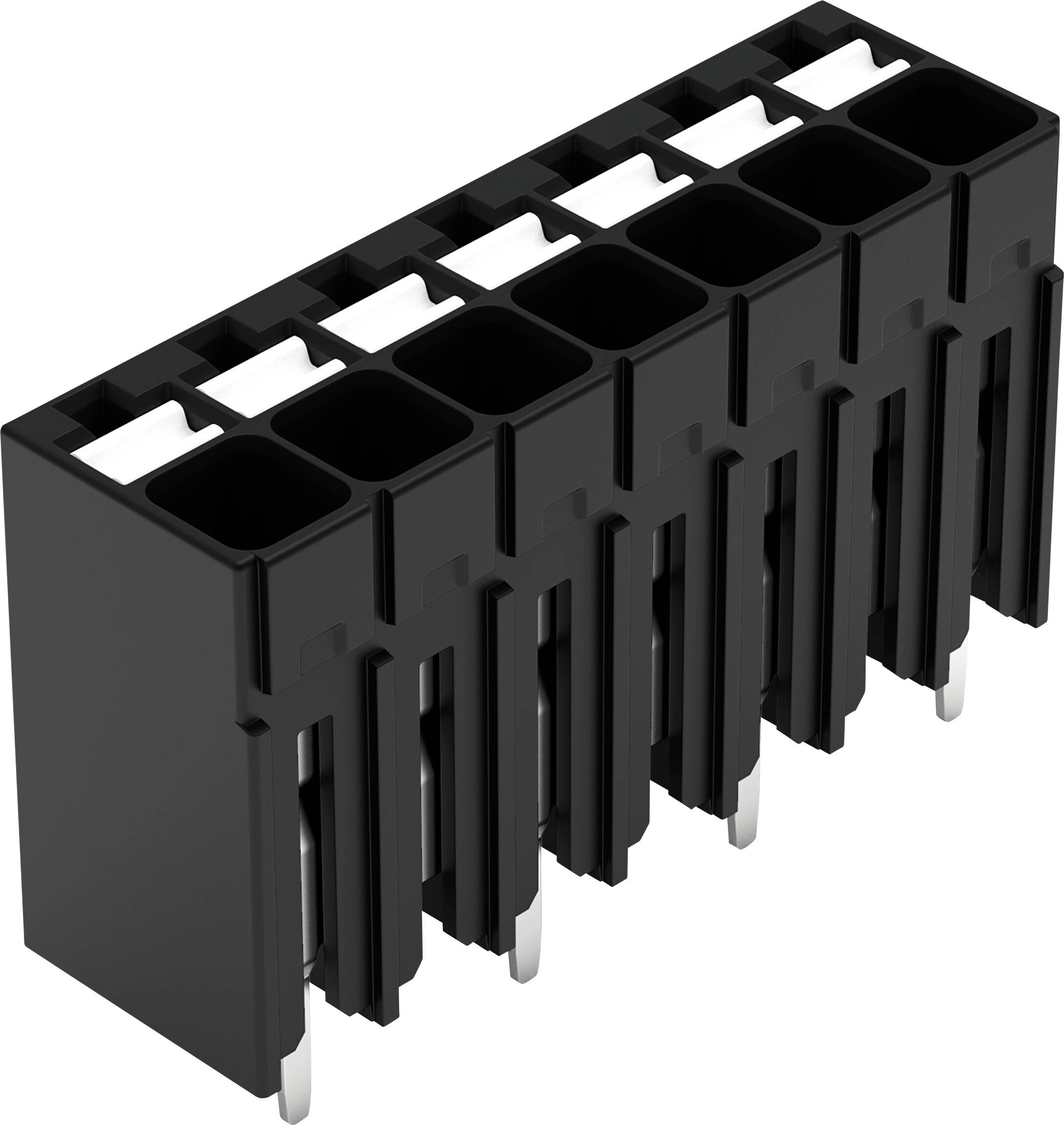 Un connecteur électrique noir, rectangulaire, avec huit fentes, conçu pour les connexions par broches, positionné verticalement avec des bornes métalliques.