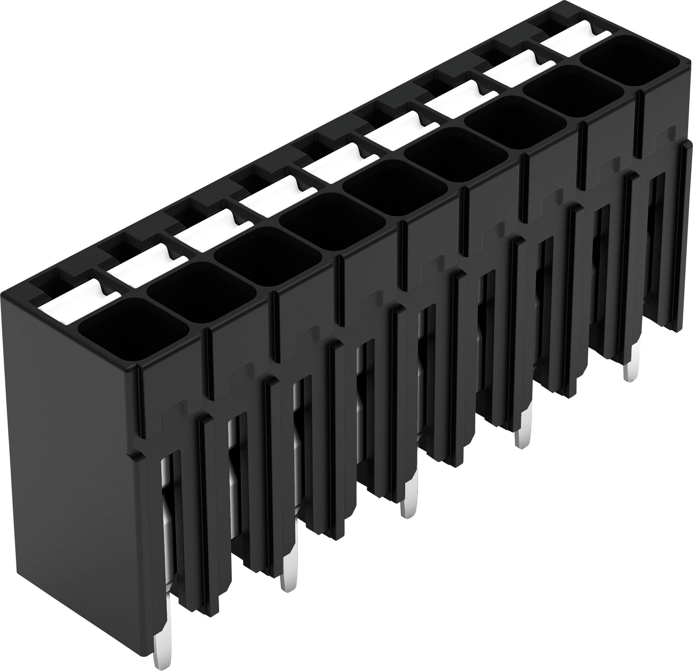 Un connecteur à broches d'en-tête vertical noir avec dix broches est montré, utilisé pour les connexions électriques dans les appareils électroniques.