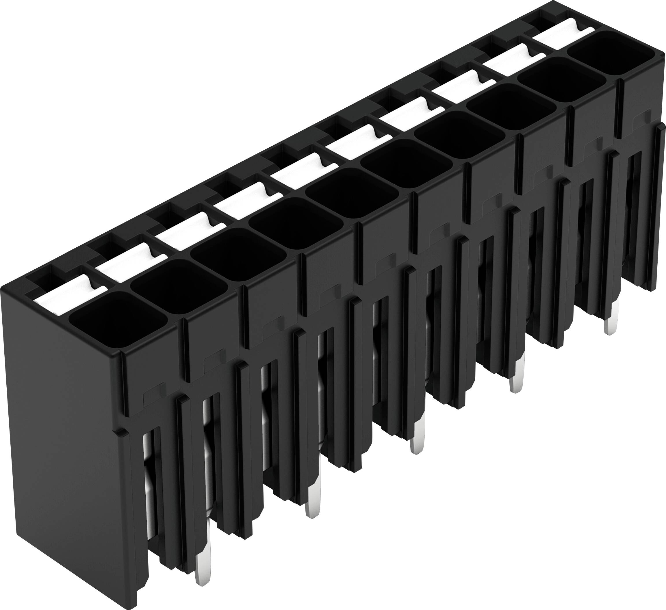 Un connecteur d'en-tête en plastique noir avec plusieurs fentes pour les connexions de broches, généralement utilisé dans les appareils électroniques pour les connexions de circuits.