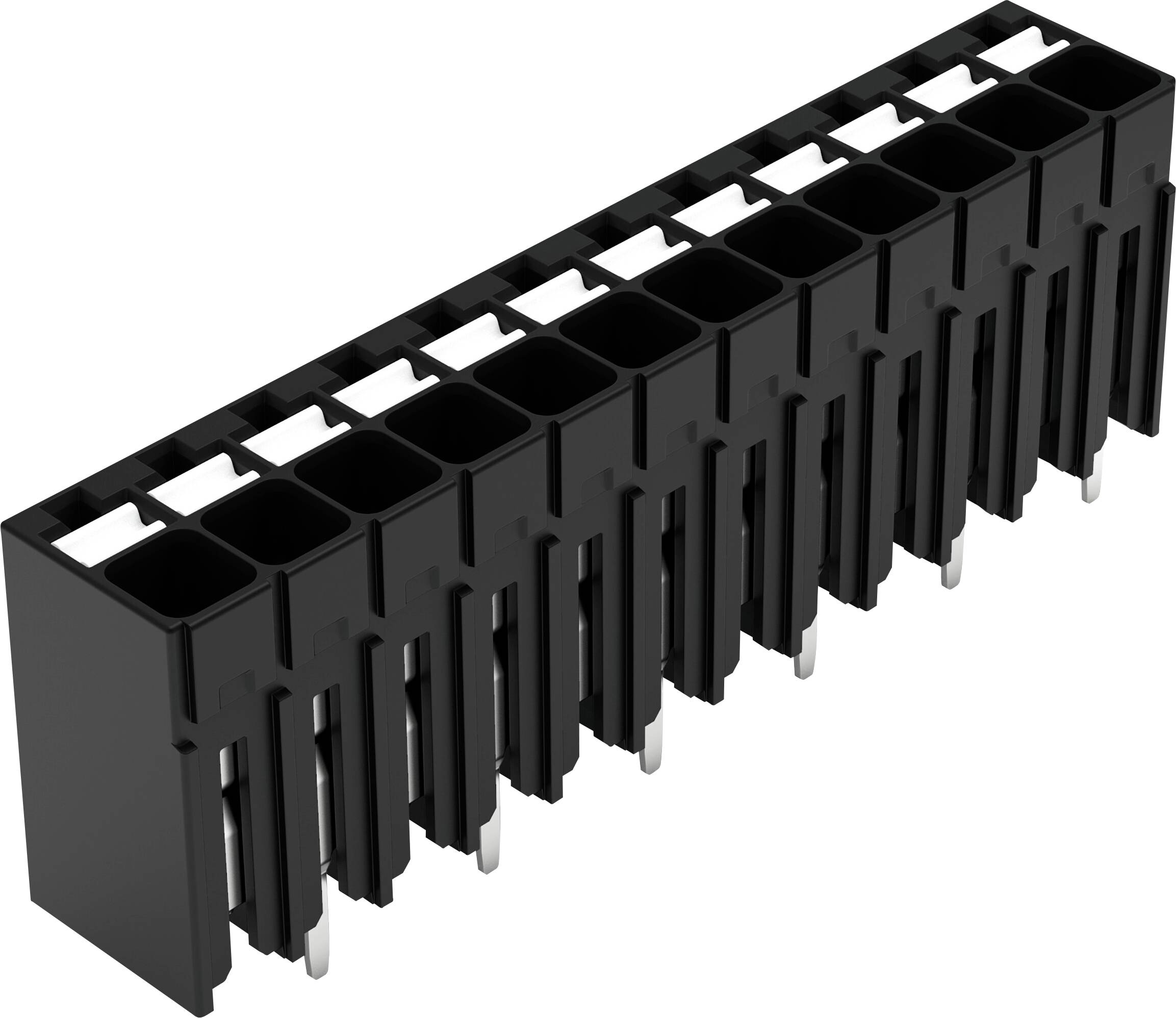 Un connecteur électrique rectangulaire noir à 12 broches avec des contacts métalliques, vu sous un angle montrant sa structure et ses ouvertures.