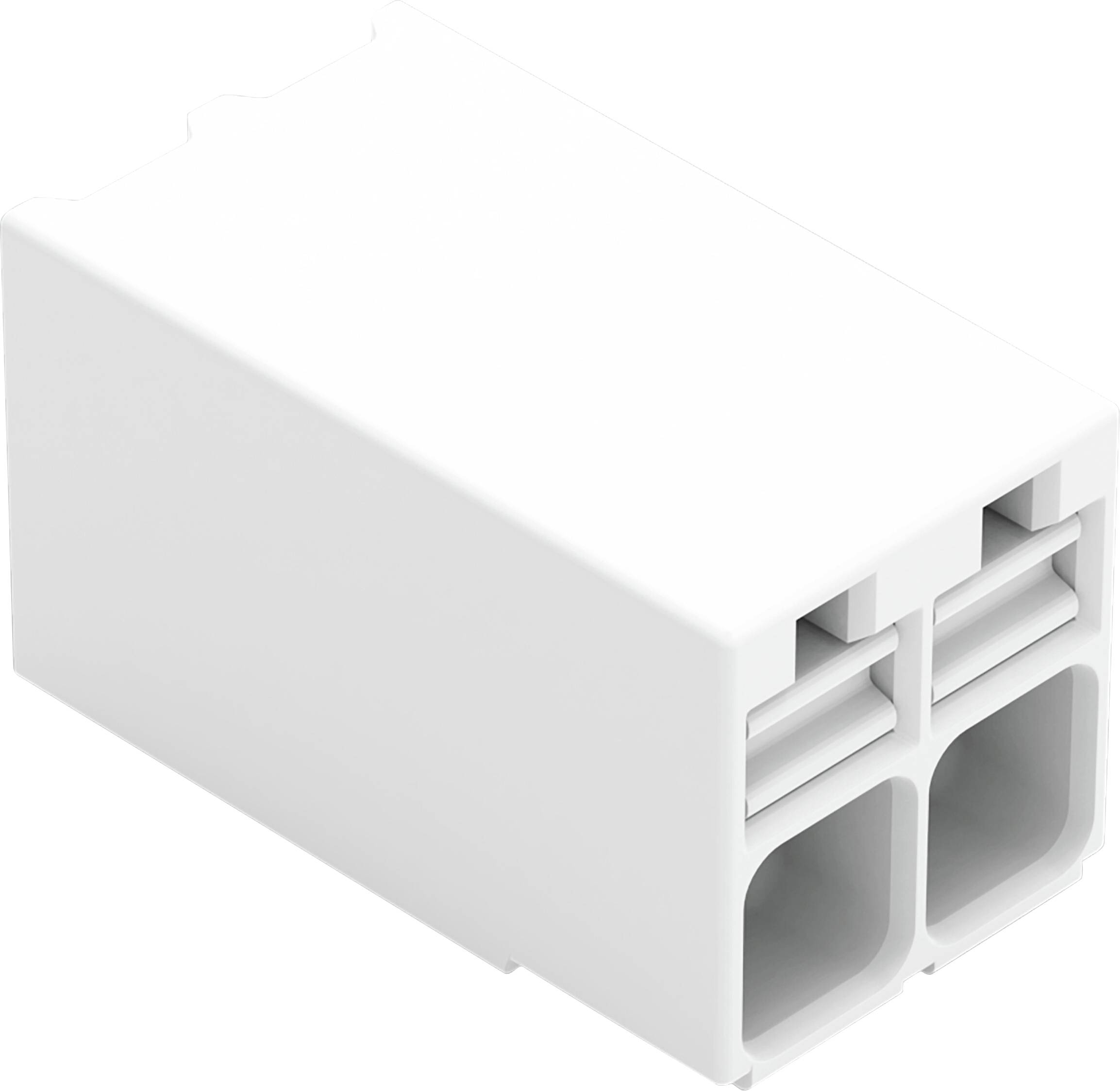 Un connecteur électrique rectangulaire blanc avec deux fentes ouvertes et un sommet plat, utilisé pour joindre les fils en toute sécurité.