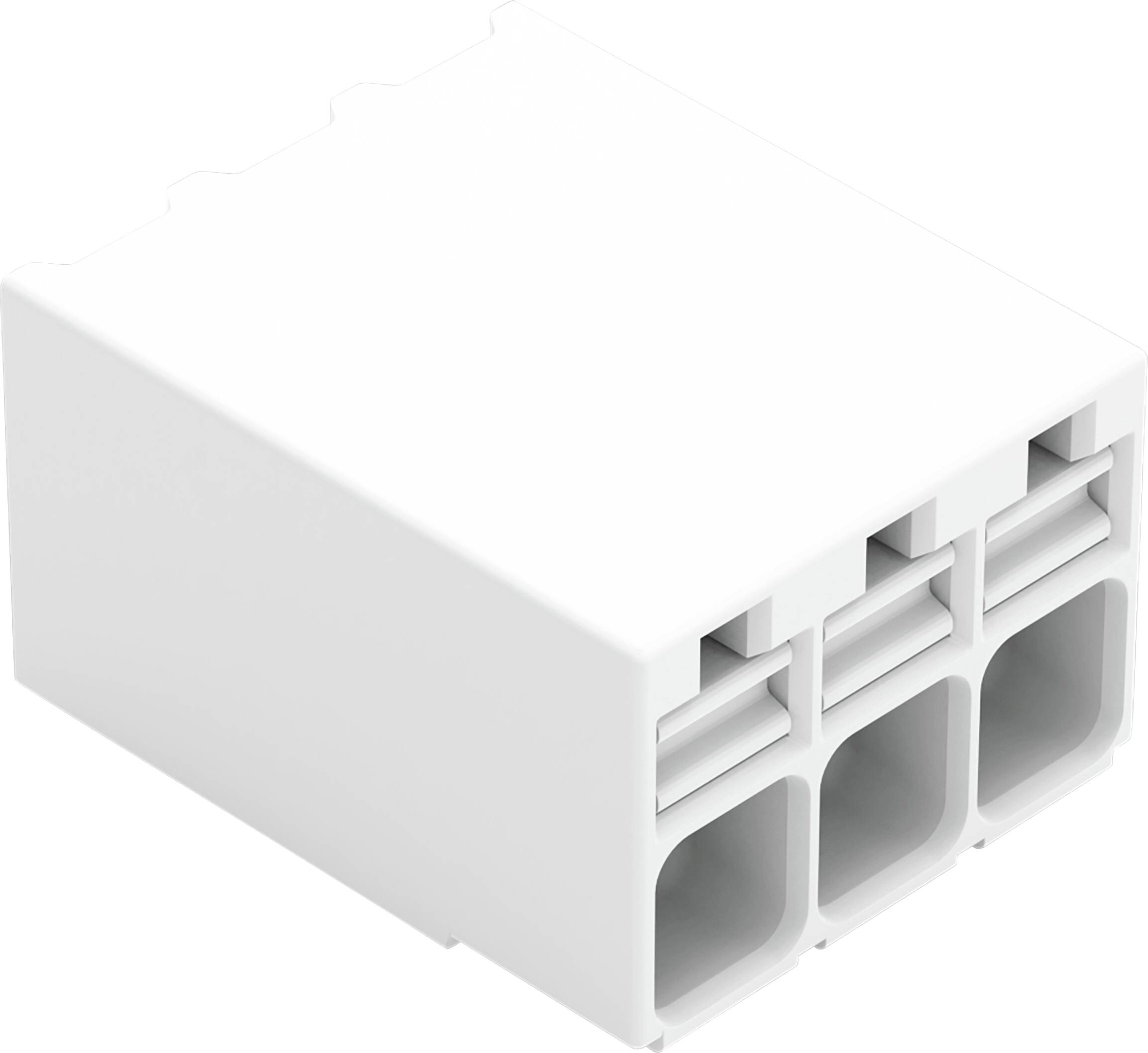 Un connecteur en plastique noir avec cinq fentes rectangulaires, chacune dotée d'un loquet blanc. Son objectif est de relier plusieurs câbles de manière sécurisée.