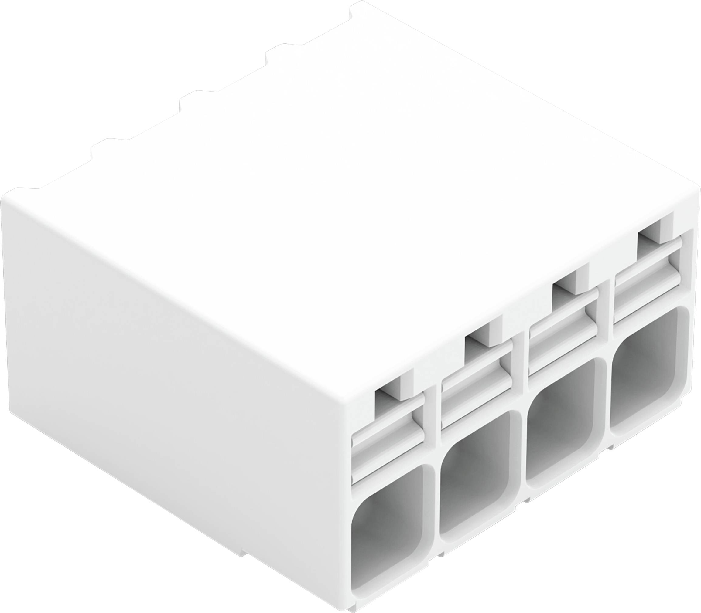 Connecteur électrique à cinq broches avec bornes ouvertes pour connexions de fils, vu en angle, sur fond uni.
