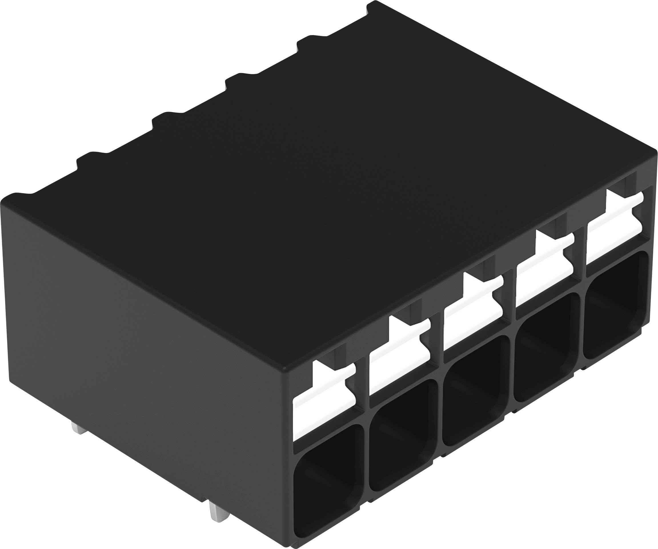 Un connecteur électrique noir avec deux rangées de quatre fentes rectangulaires chacune, conçu pour des connexions de câblage sécurisées.