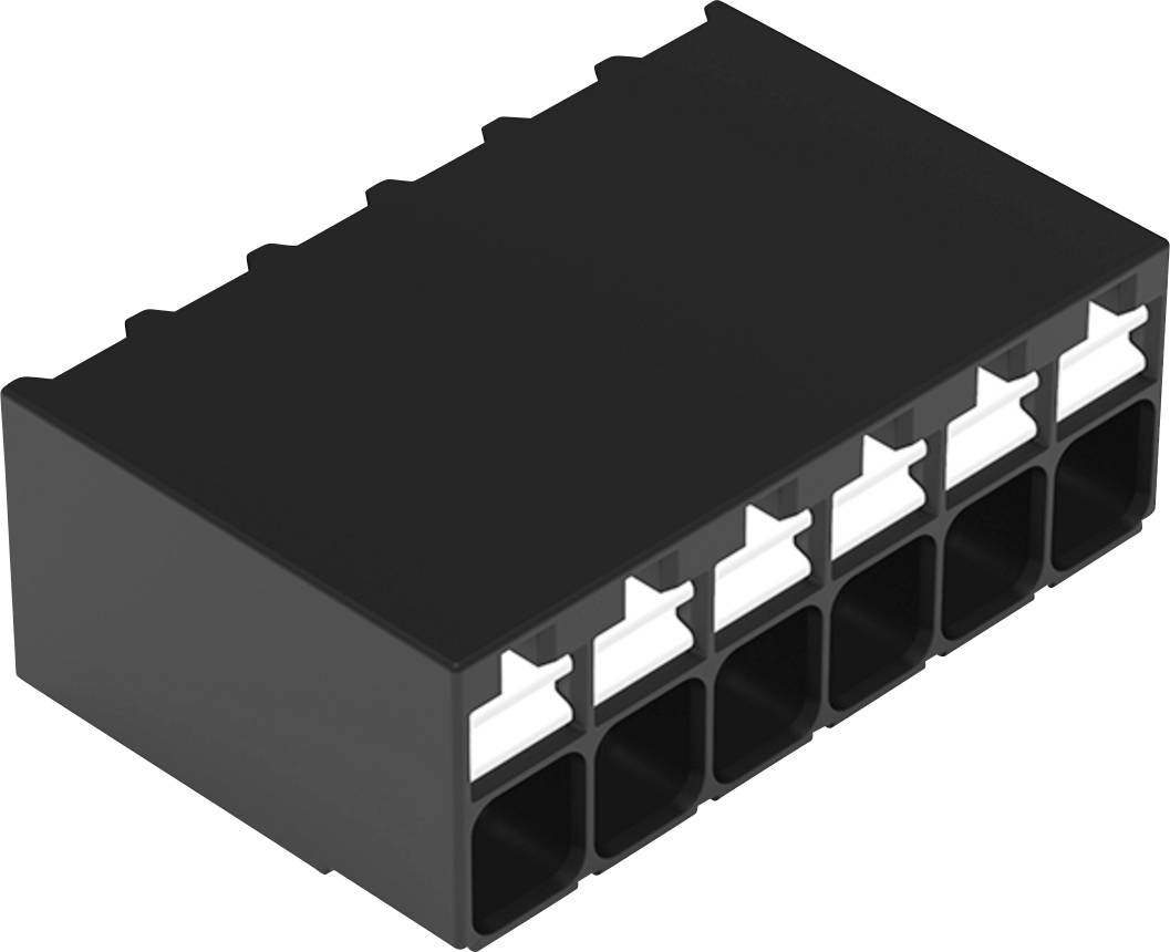 Un connecteur rectangulaire noir avec huit emplacements de broches, disposés en deux rangées de quatre. Chaque emplacement est équipé d'un loquet blanc à l'extrémité de connexion.