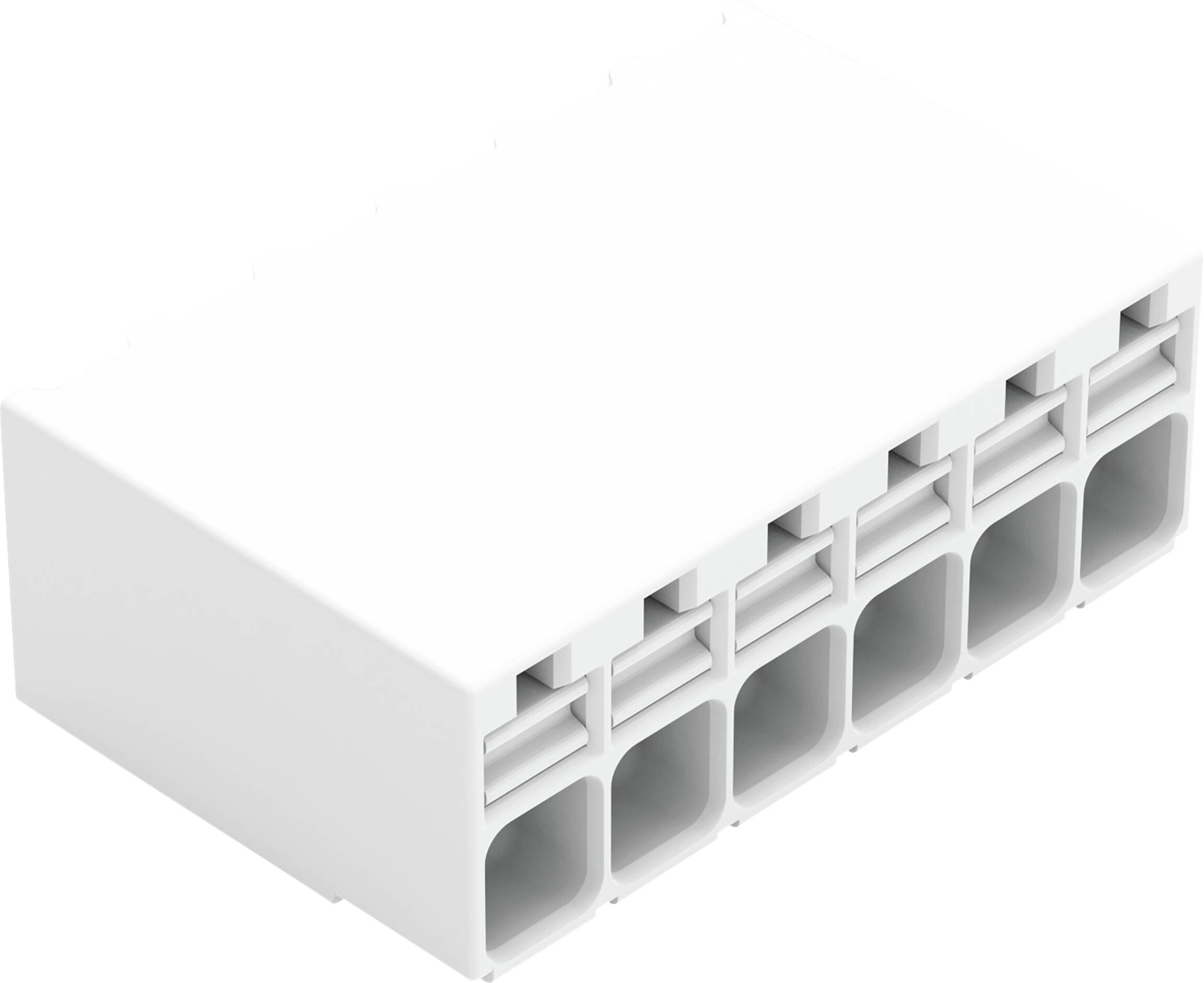 Un boîtier de connecteur en plastique noir avec plusieurs fentes rectangulaires disposées en deux rangées, utilisé pour connecter des composants électroniques.