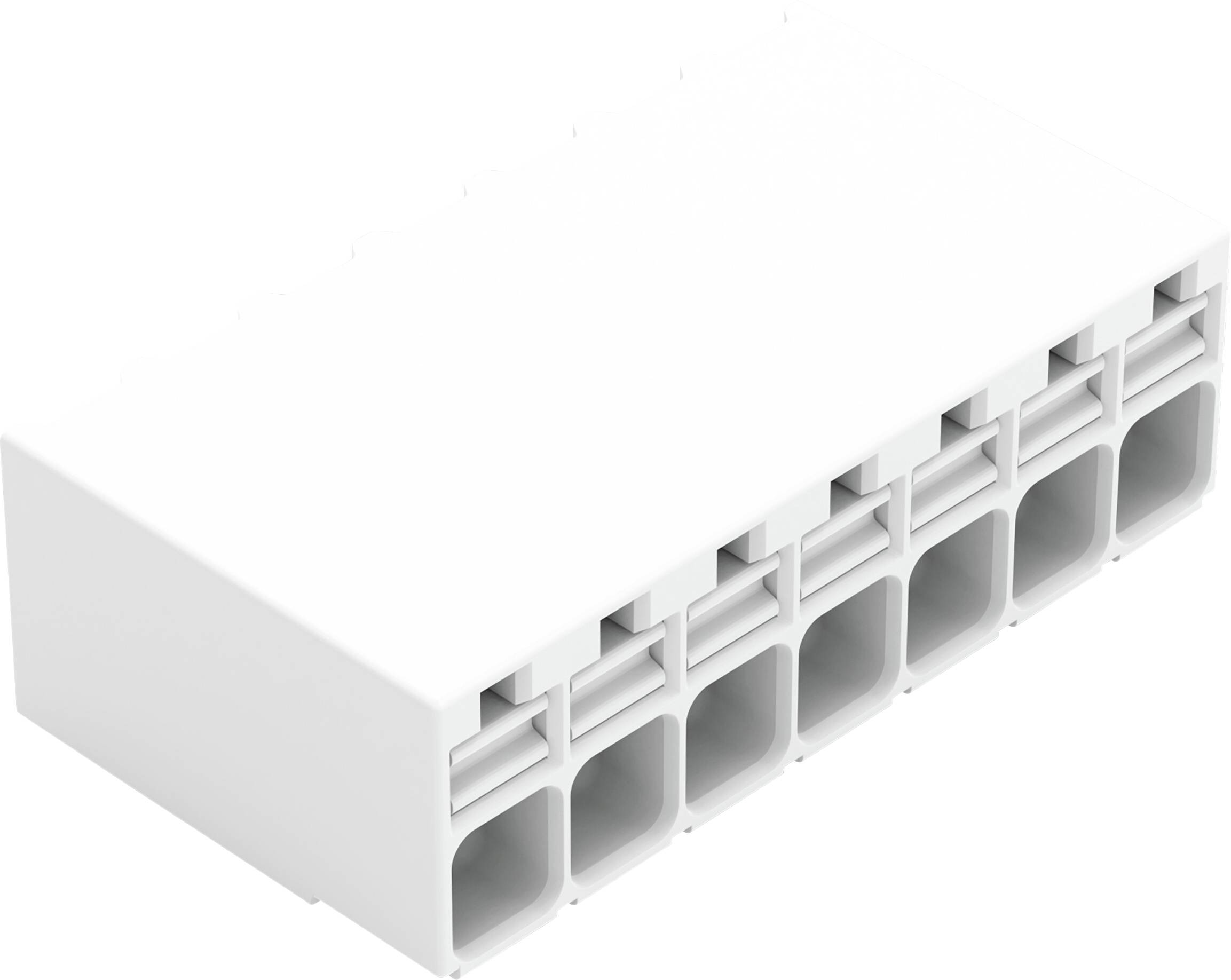 Un connecteur électrique rectangulaire blanc en plastique avec huit fentes pour les fils.