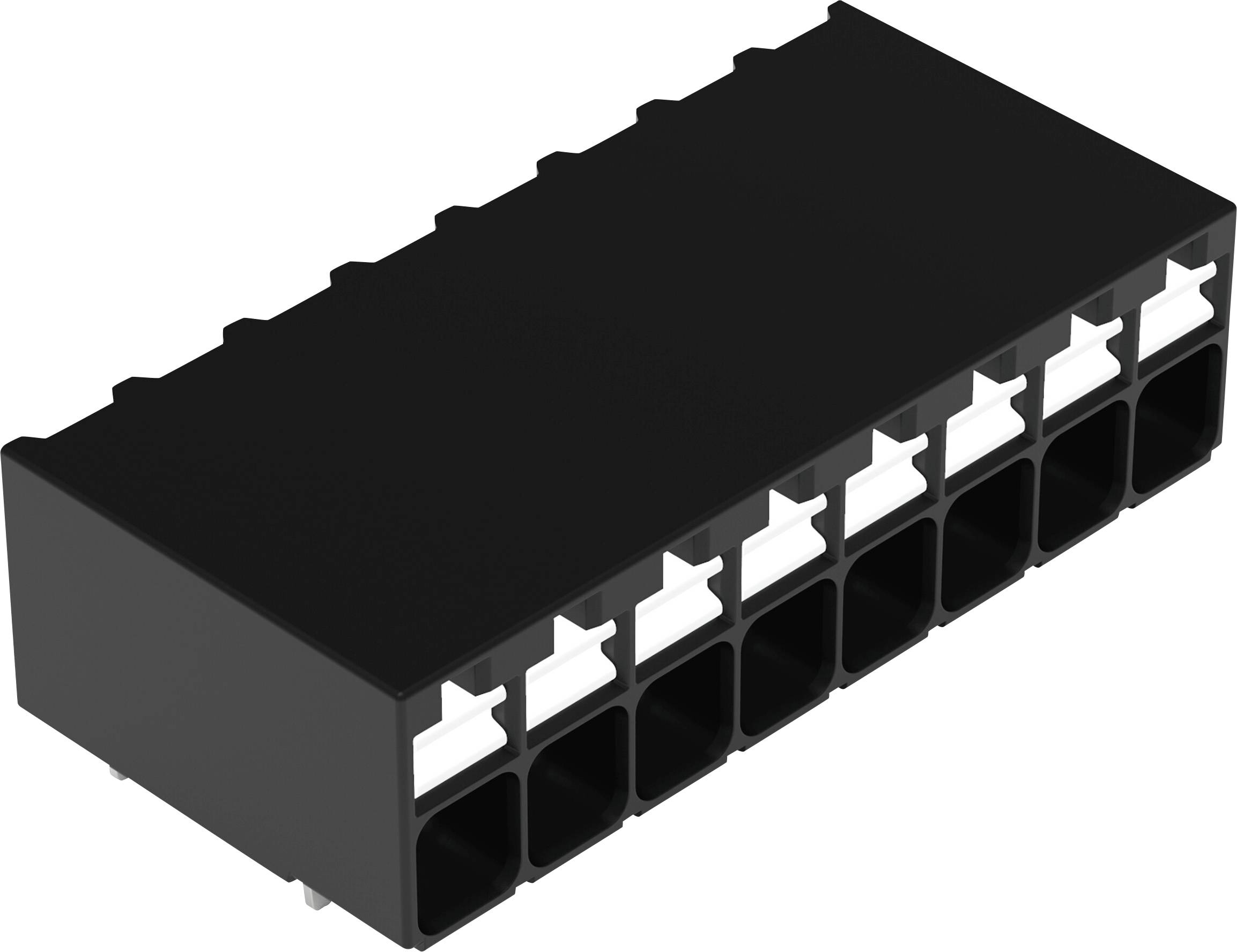 Un connecteur électrique en plastique noir avec plusieurs fentes de terminaison pour connecter des fils, couramment utilisé dans les appareils électroniques.