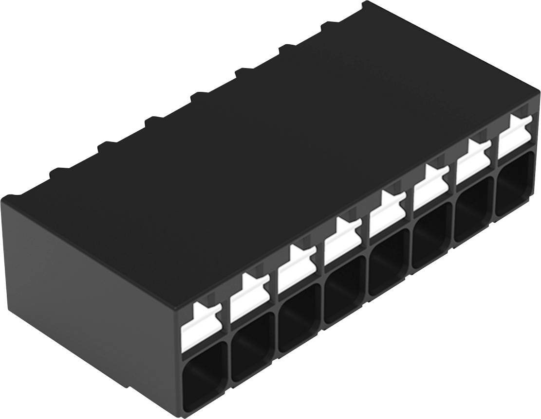 Un bloc de connecteurs en plastique noir avec deux rangées de quatre fentes, chacune équipée de clips de verrouillage blancs. Convient pour les connexions de câbles.