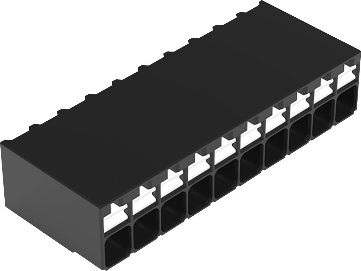 Un bloc rectangulaire noir avec des rangées de petites fentes carrées, ressemblant à un connecteur électronique ou à un module adaptateur.