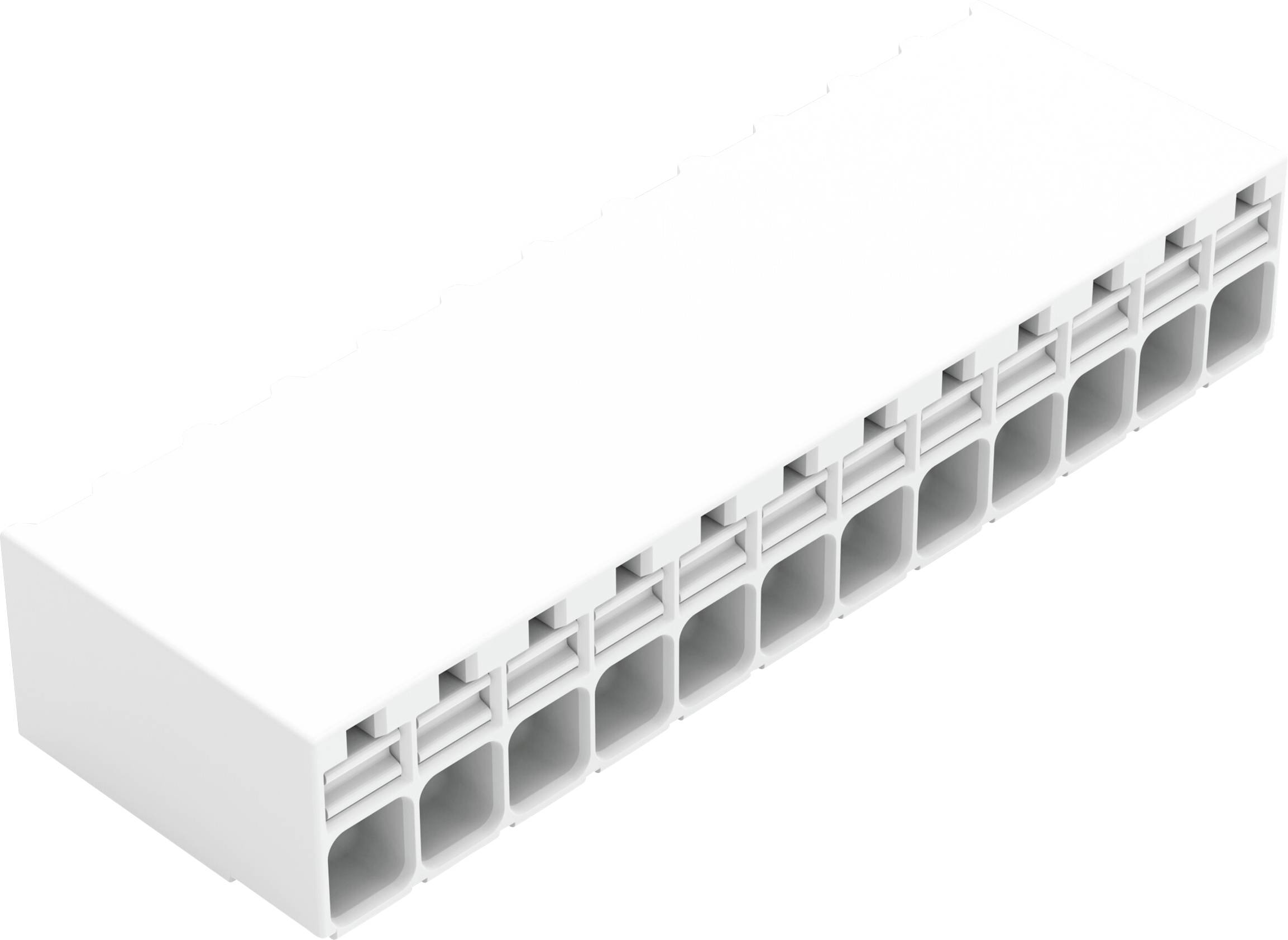 Un connecteur électrique rectangulaire noir avec quatre douilles blanches, conçu pour être monté sur une carte de circuit.
