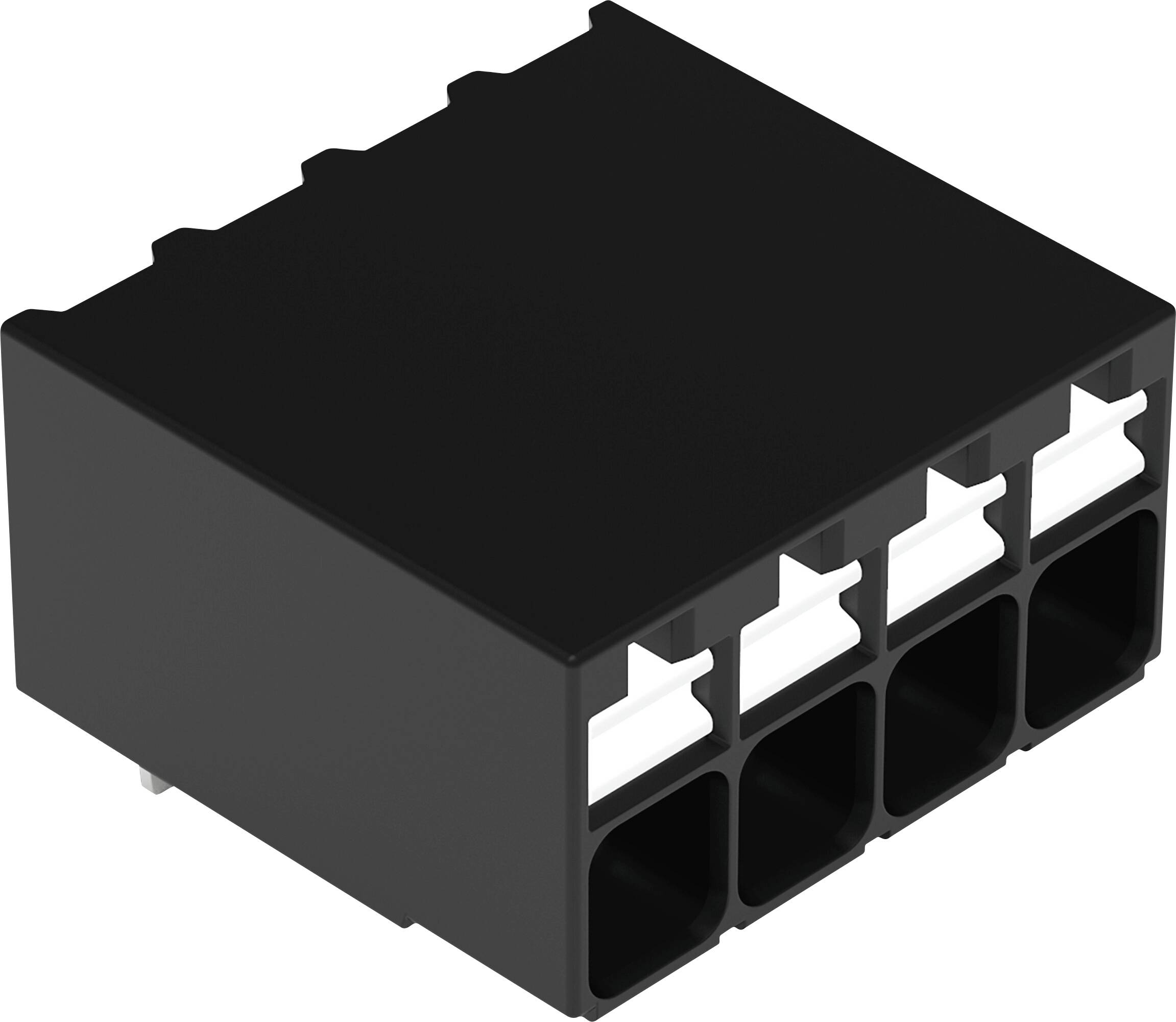 Un bloc de connecteur noir avec plusieurs ports rectangulaires alignés en deux rangées, utilisé pour les connexions électriques ou de données.