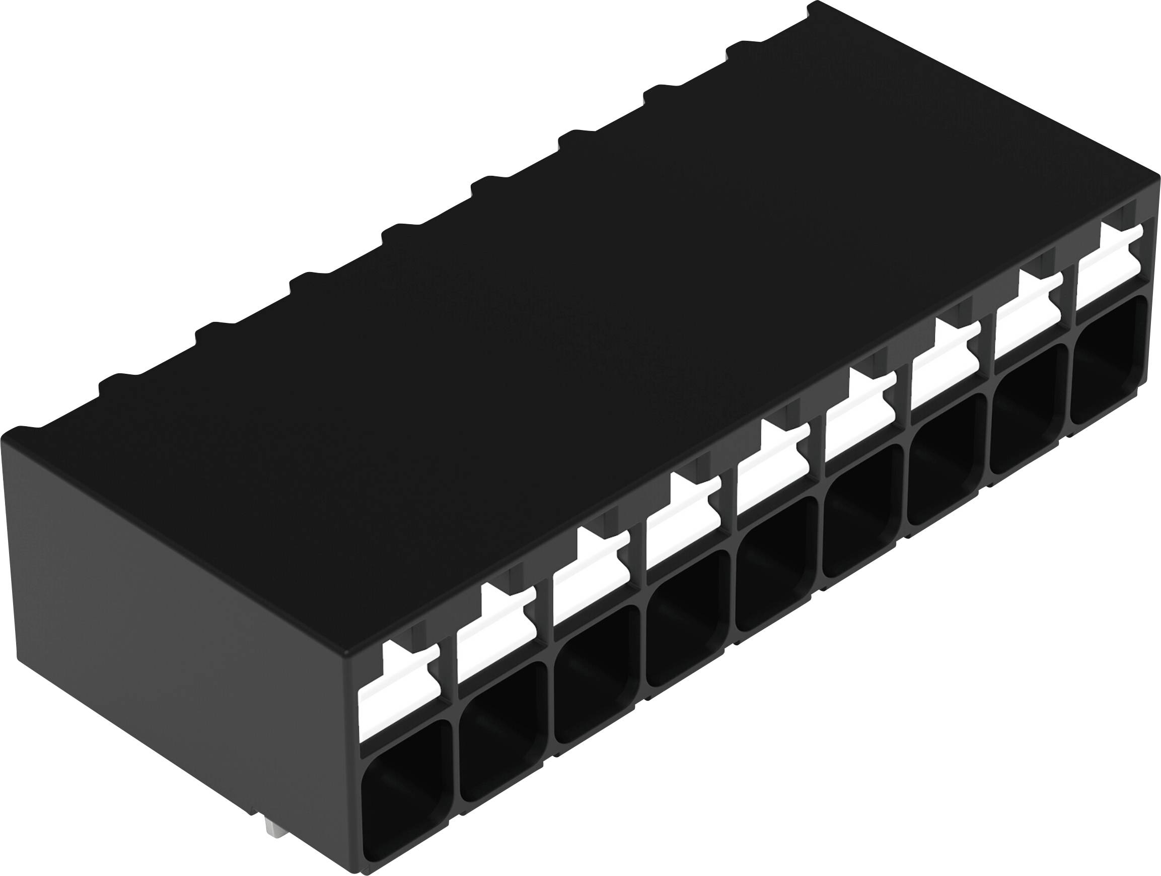Un connecteur électronique rectangulaire noir avec deux rangées de prises carrées blanches soigneusement alignées, généralement utilisé pour les circuits imprimés.