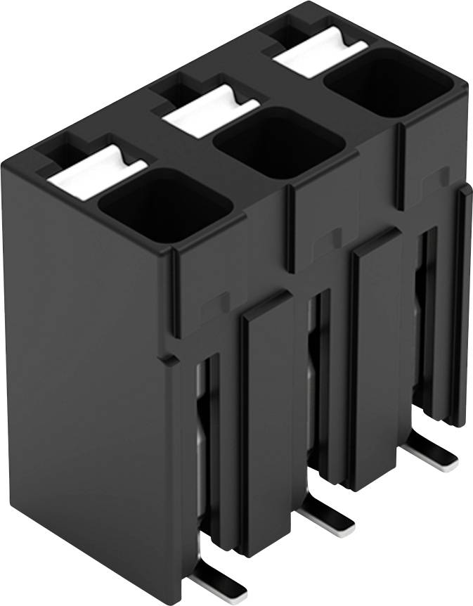 Un connecteur électrique noir à trois fentes avec des contacts métalliques visibles. Chaque fente est équipée pour recevoir une fiche correspondante.